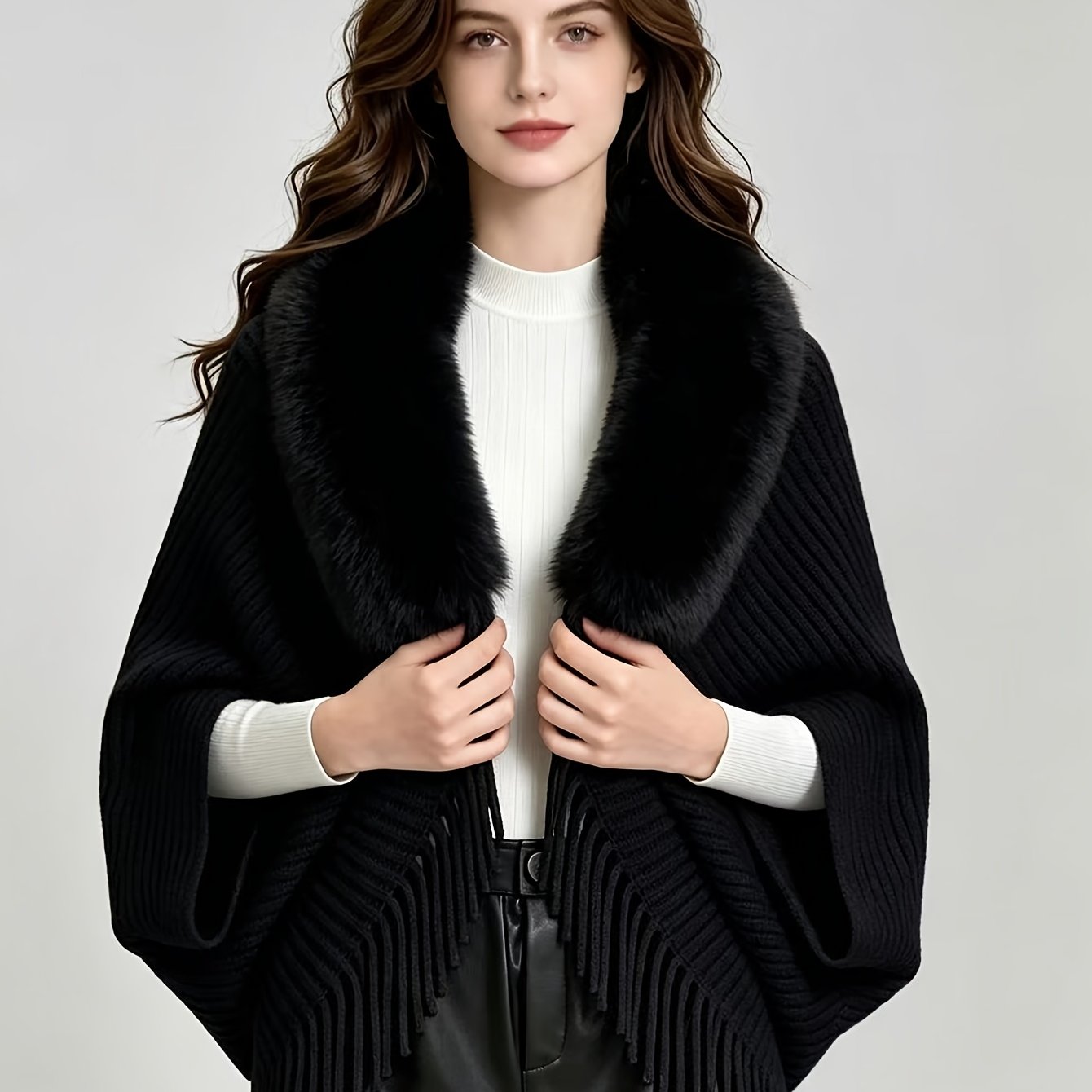 TEMU Women's Cardigan, Autumn Tassel Cape Scarf Jacket - Lightweight Warm Outerwear For Parties, Office, Casual Wear - Elegant Autumnal Accessory,