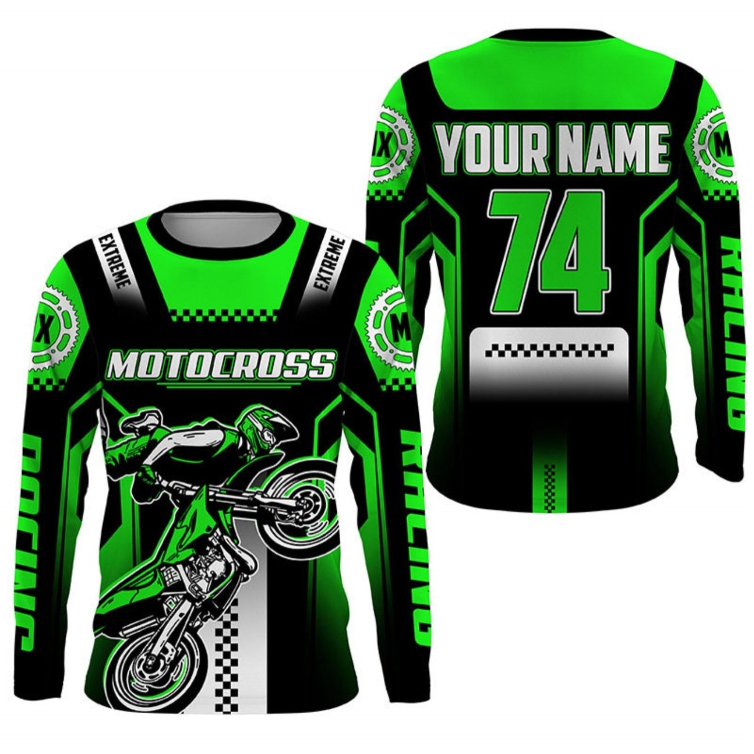 TEMU Customizable Green Motocross - Personalized Riding Gear, Loose Fit Long Sleeve T-shirt Suitable For Off-road Bike Riding, Unisex Outdoor