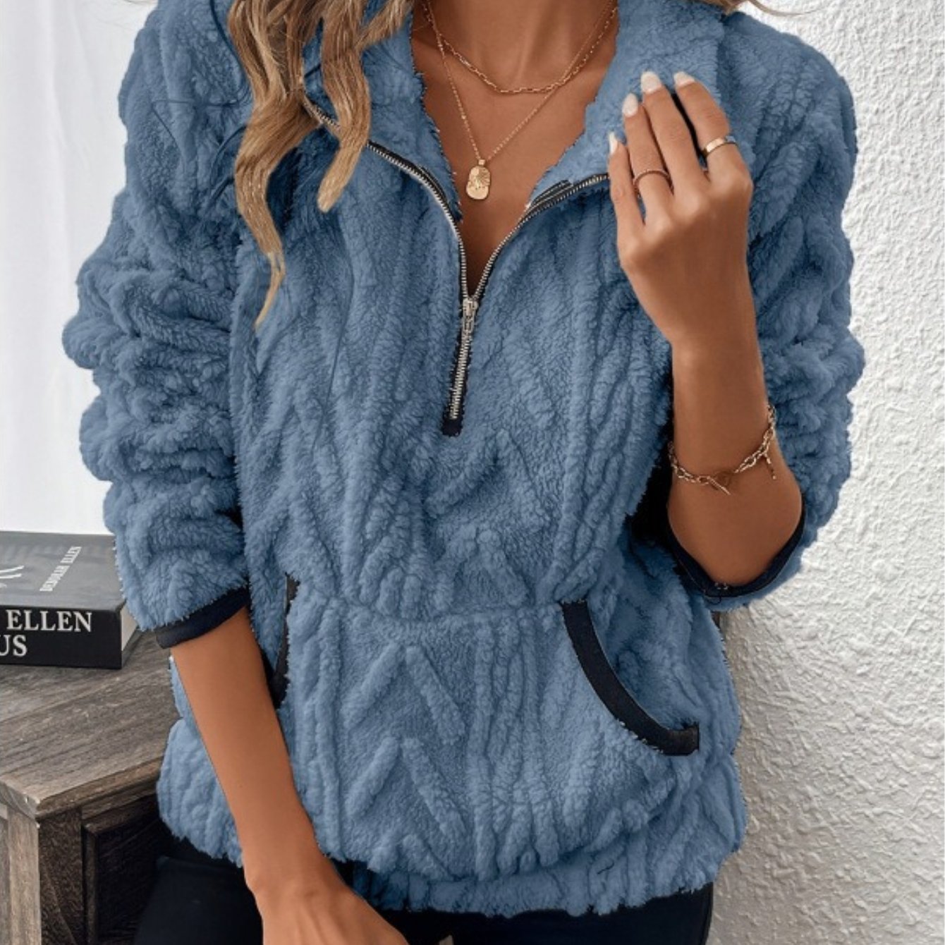 Image of 2026 New Autumn Winter Women's Lapel Tweed Style Jacquard Half-zip Cropped Sweatshirt With Plush Pockets Soft Ladies Long Sleeve Top (please Refer To Size Chart)