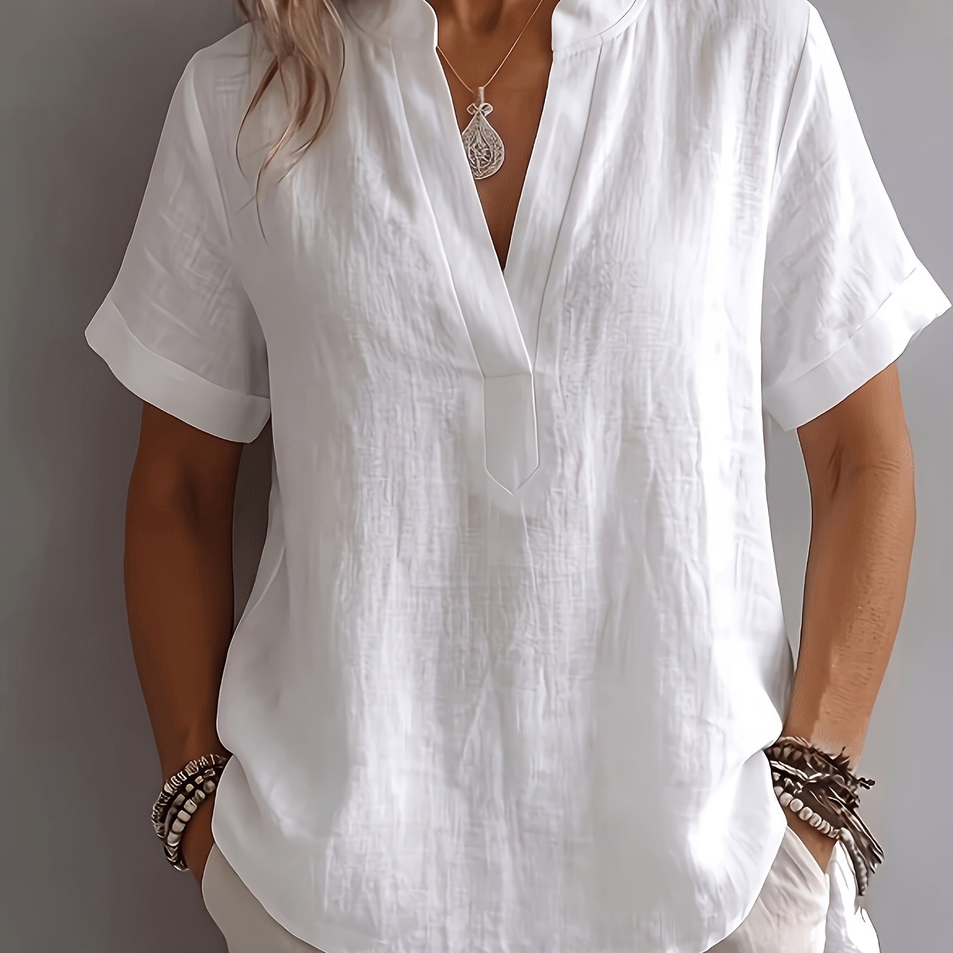 TEMU Women's Resort Style V-neck Solid Color Short-sleeved Shirt, Loose Linen , Breathable And Drape, Commuting, Casual And Versatile, And Easy