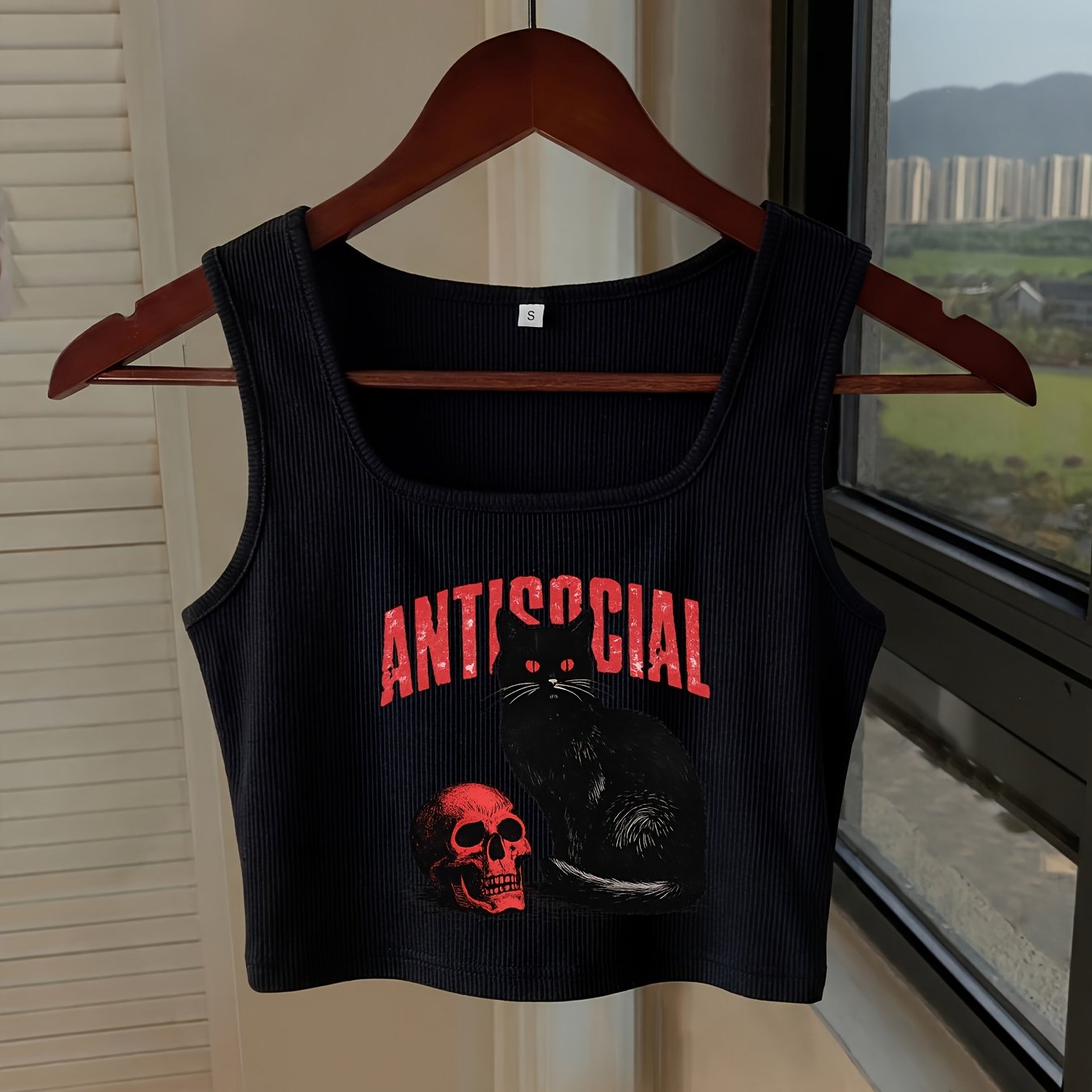 TEMU Débardeur court à carrée pour femme, style gothique "ANTISOCIAL" avec imprimé aux yeux rouges et motif, camisole d'été manches streetwear Y2K