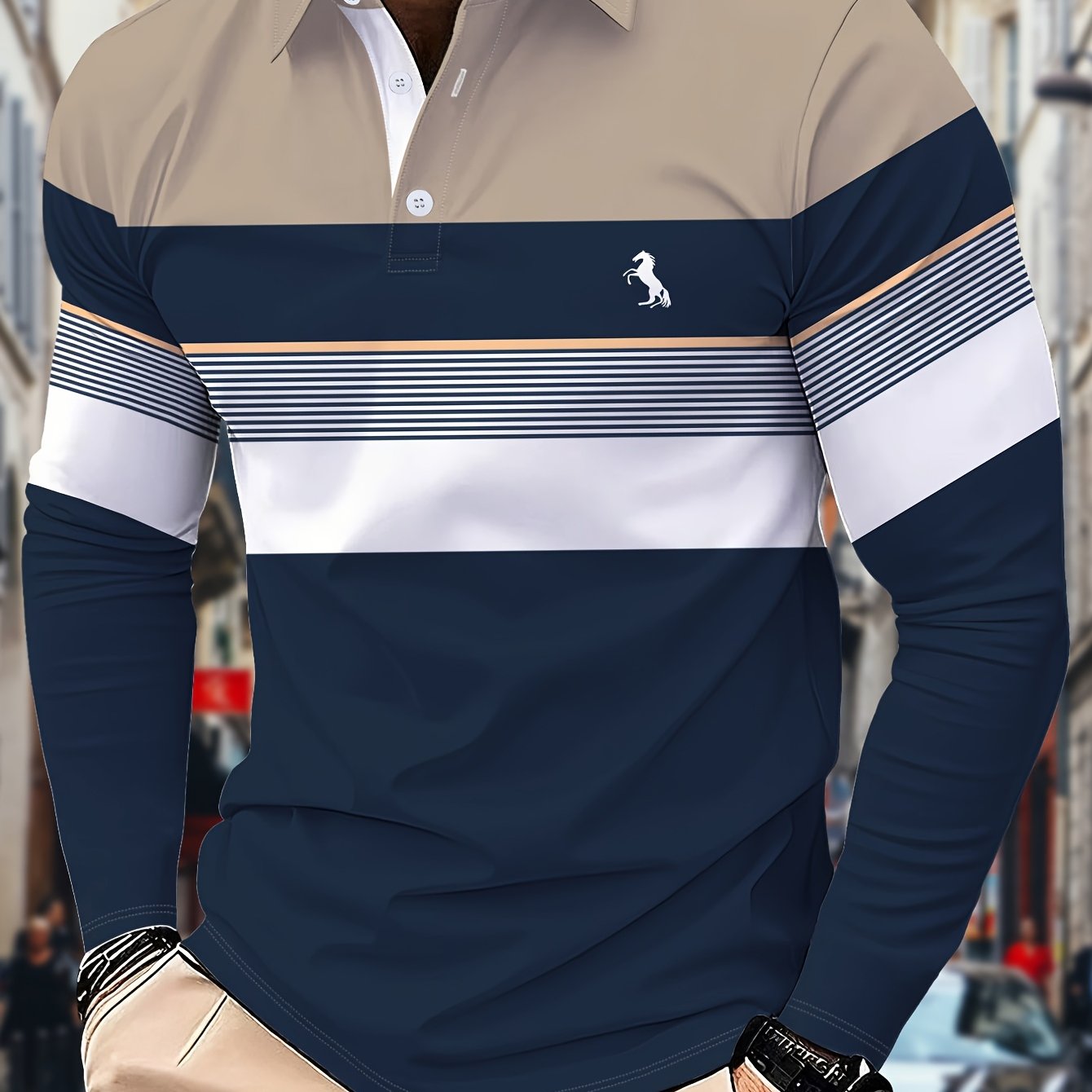 TEMU Men's Long Sleeve Shirt, Color-block Themed Collar Shirt, 3d Casual Striped Pattern, Suitable For All Adult Men And Teenage Boys, , Breathable,