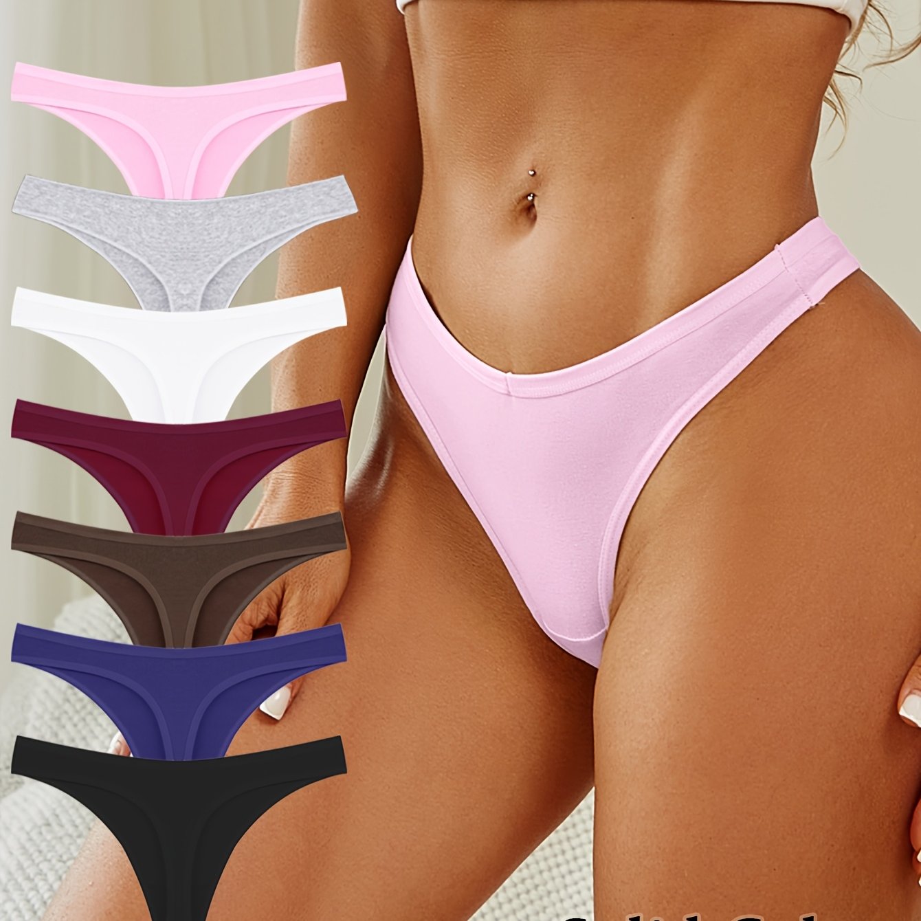Image of 7pcs Set, Low-waist Solid Color Comfortable Breathable Sexy Women's G-string, Valentine's Day Daily Vacation Essential, Wear