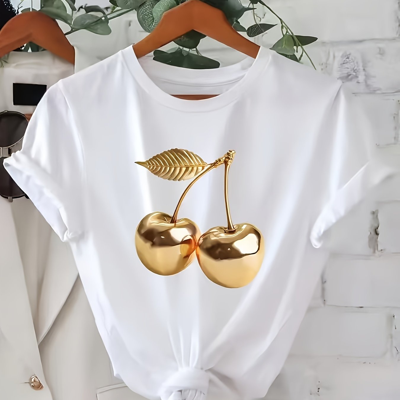 TEMU Quanquan Metallic Print Short-sleeve T-shirt, Fashionable Niche Loose-fit Crewneck Top, Sweet And Cool Versatile Casual Women's Style