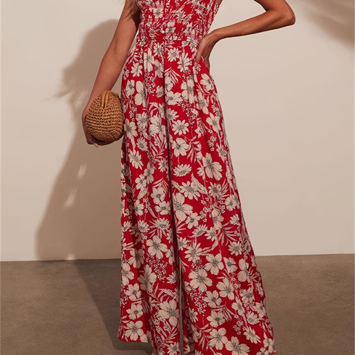 High-waisted Vacation-style Floral Print Cami Jumpsuit For Women
