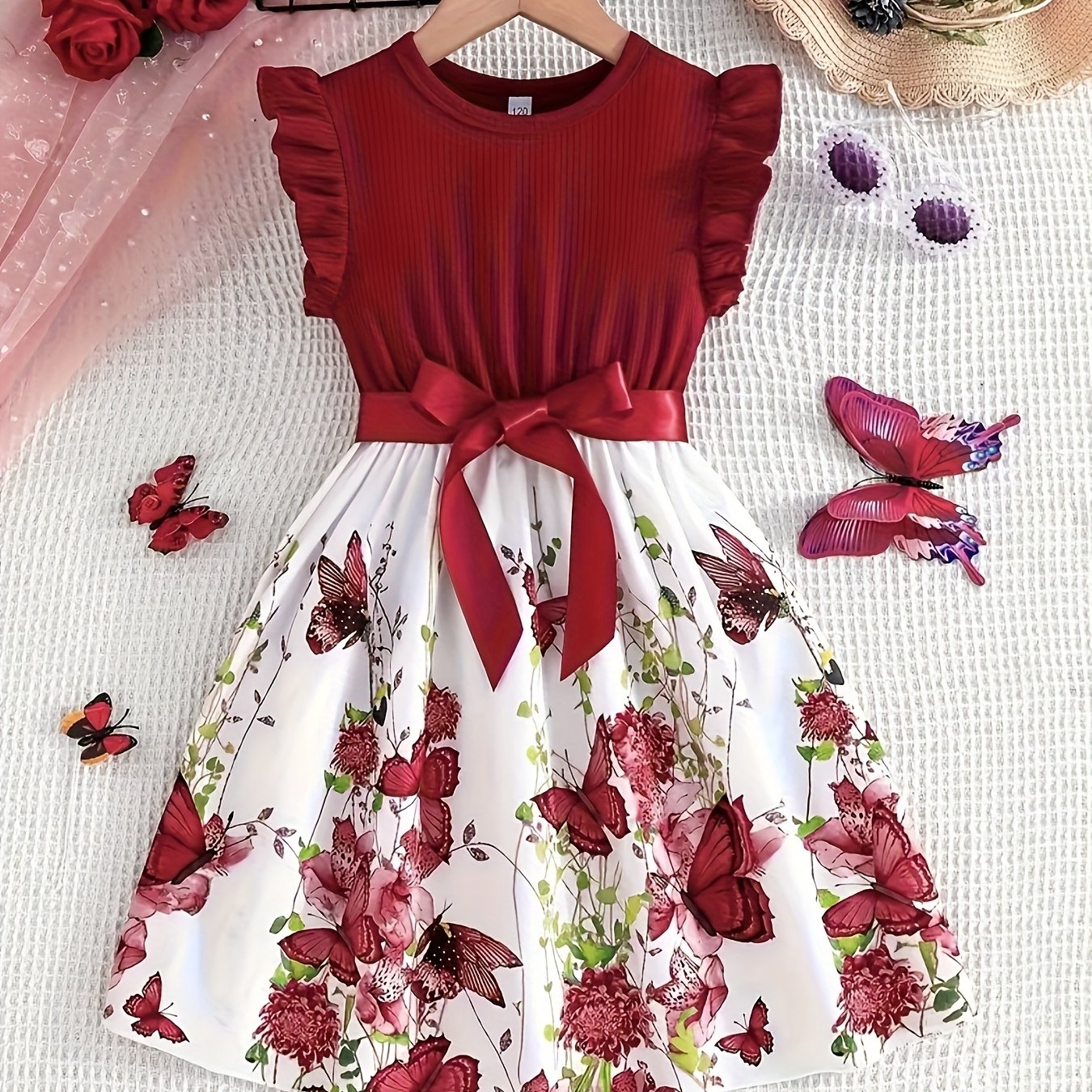 Girls' Elegant Print Round Neck Sleeve Dress With Belt, Perfect For Gifting, Holiday/party