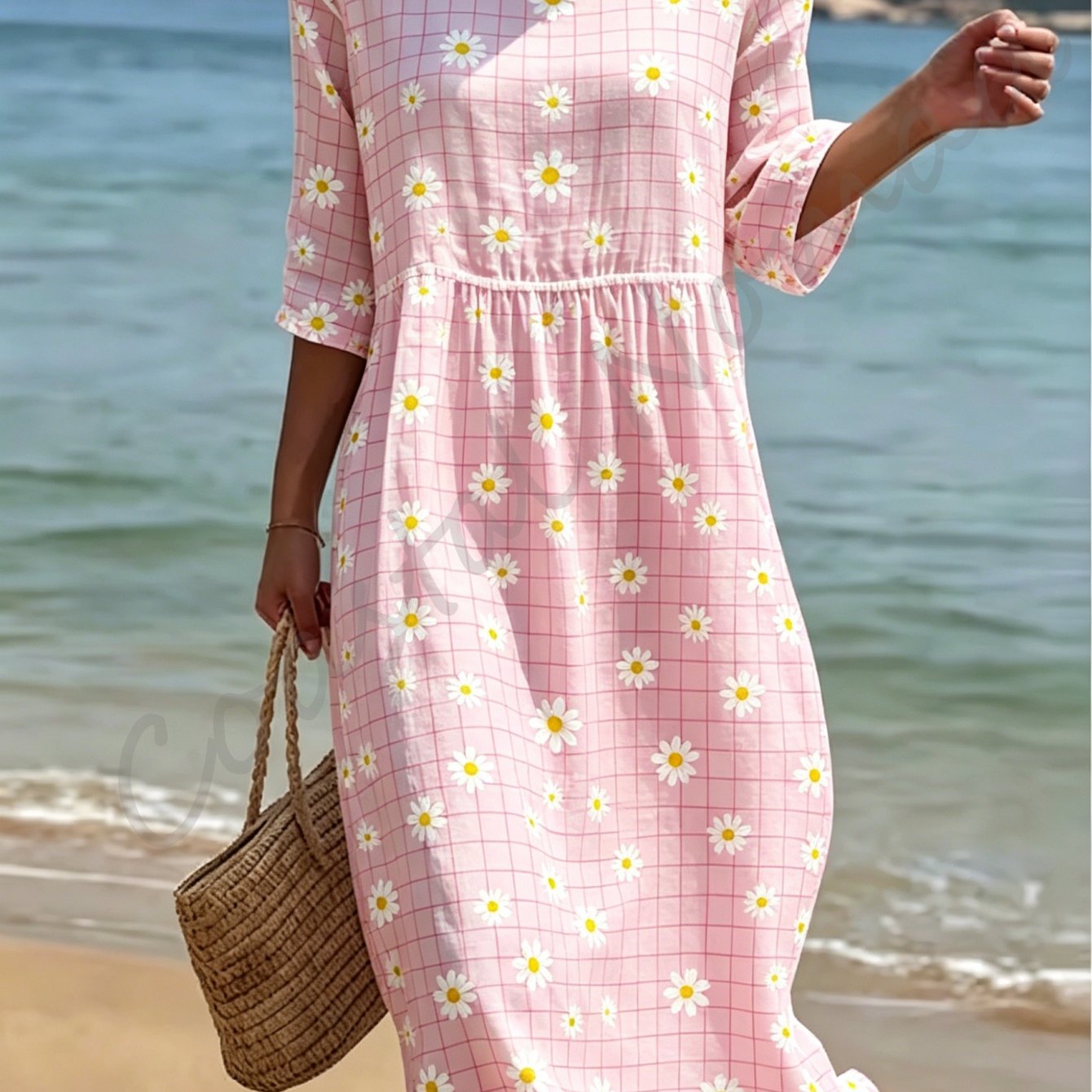 Image of Plus Size, New Arrival Vintage Casual Women Round Neck 3 Quarter Sleeve Midi Dress, Allover White Daisy On Light Pink Grid Print, High Waist Gathered Swing Skirt Daily Holiday Outfits