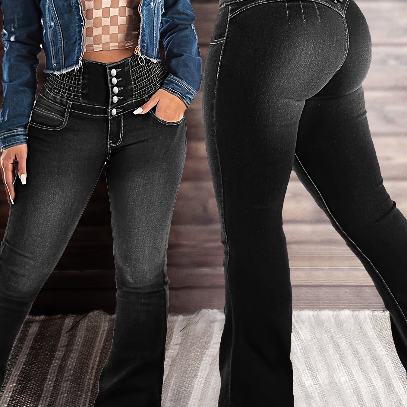 Image of Black Plus-size Front Button Extended Waistband Elastic Multi- Jeans Lifter Flare Pants High-waisted Stretch Sexy Mature Lifter Vintage -size Denim Pants