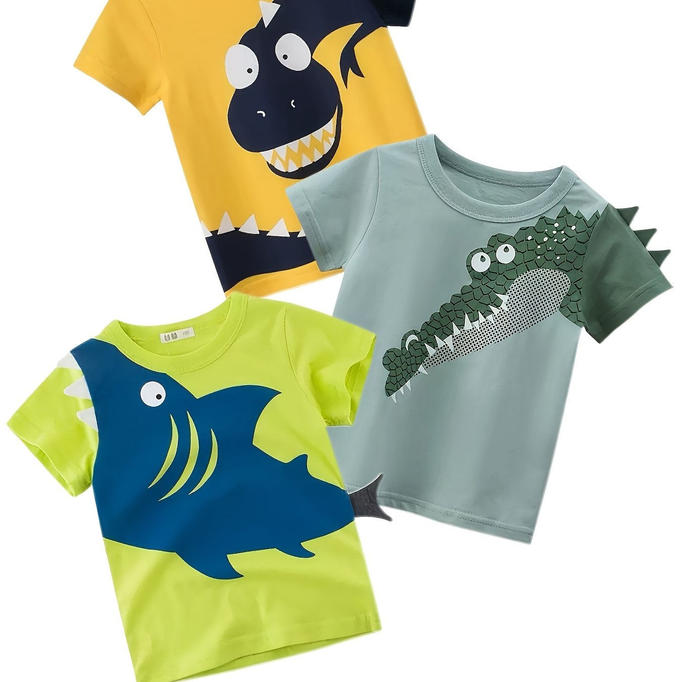 Image of Boys' T-shirt Set, Round Neck Short Sleeve, Cartoon Animal Dinosaur, Fashionable, Stylish, And , 3pcs Set