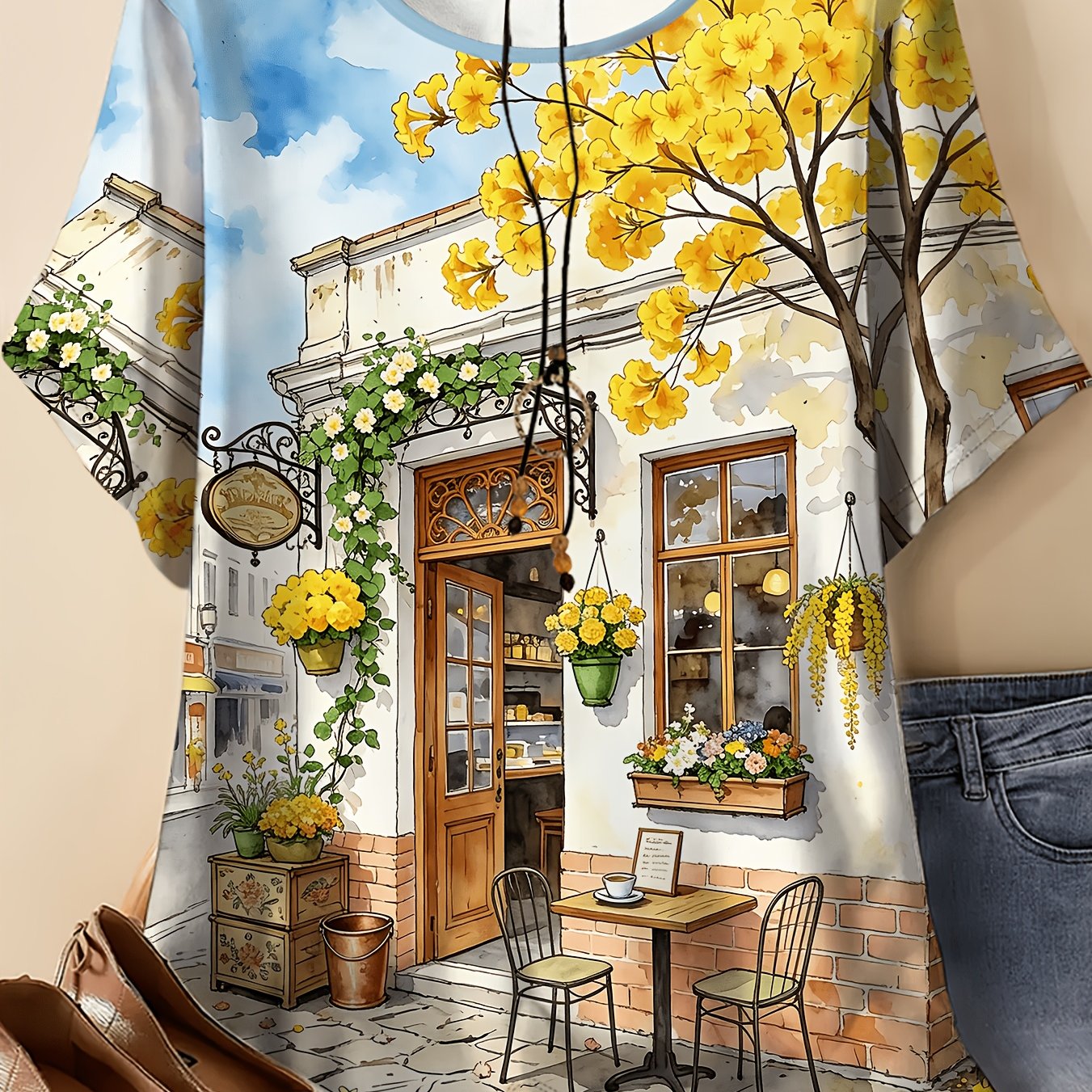 TEMU Plus Size Women's Round Neck Short Sleeve T-shirt, Sky Yellow Floral Tree European Cottage Coffee Shop Fresh Watercolor Landscape Print,