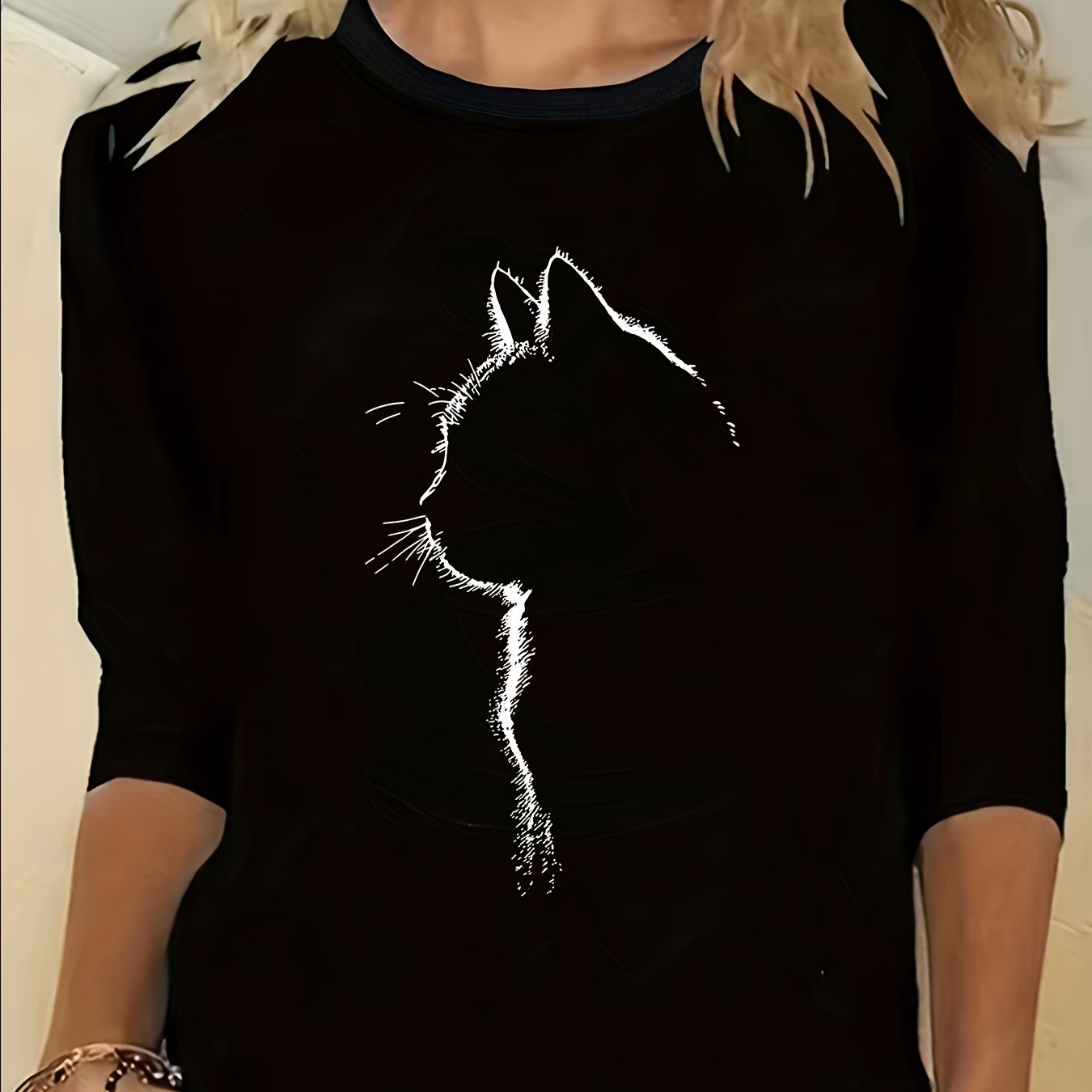 TEMU Taglia Forte, T-Shirt Elegante da Donna con Stampa e Silhouette a Maniche Lunghe - Blusa Morbida e Traspirante con Scollo , Lavabile in