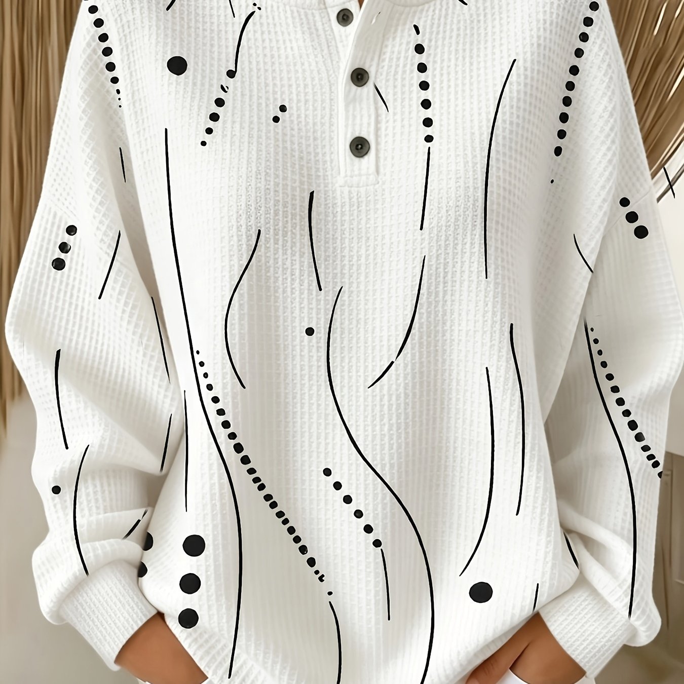 TEMU Women's European And Long-sleeve Waffle Top, Elegant And Printed Long-sleeve T-shirt For Casual And Commuting Wear