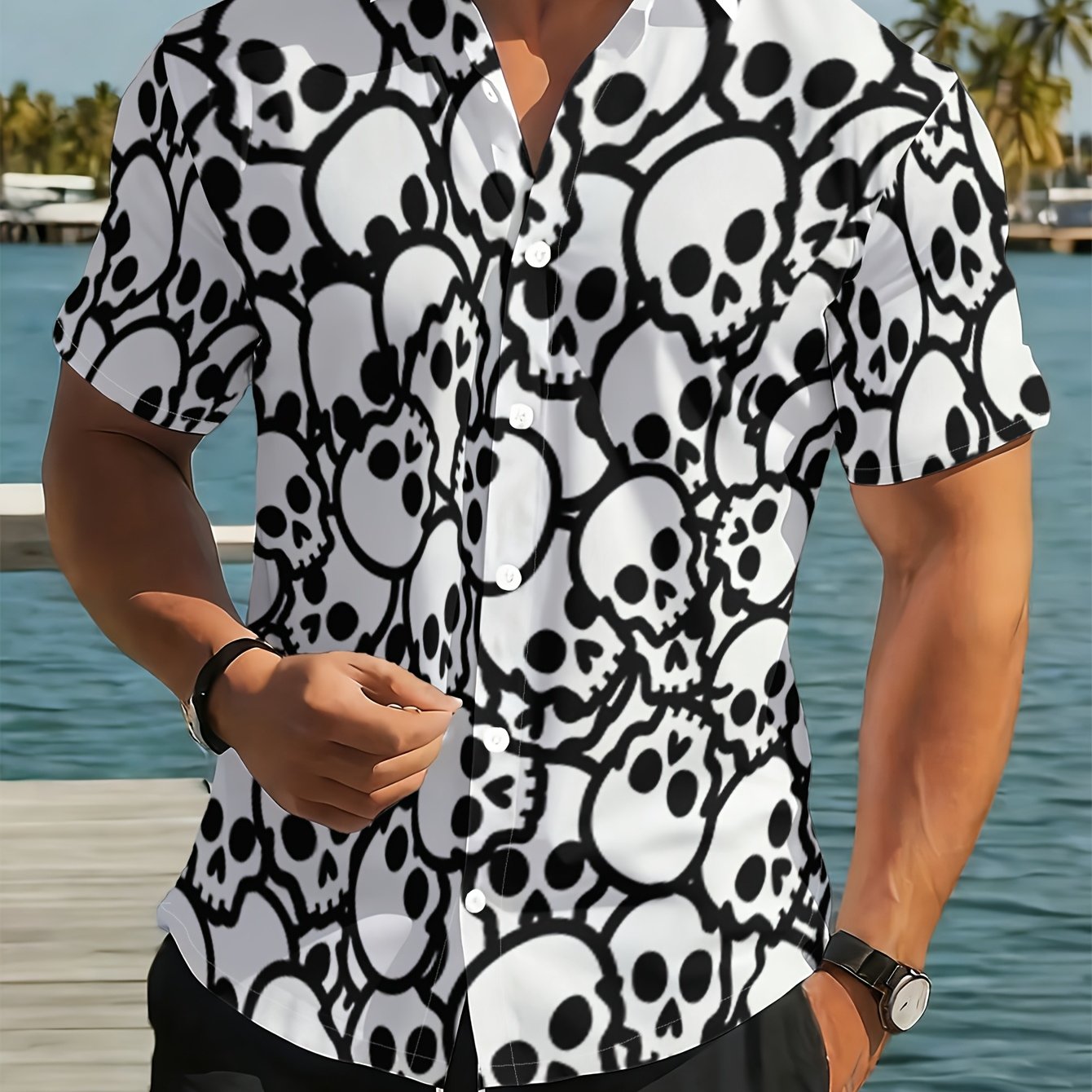 TEMU [printed Design â Not Textured] Men' Printed Button- Shirt With Black And White Skull Pattern Background, Suitable For Summer Casual Wear And