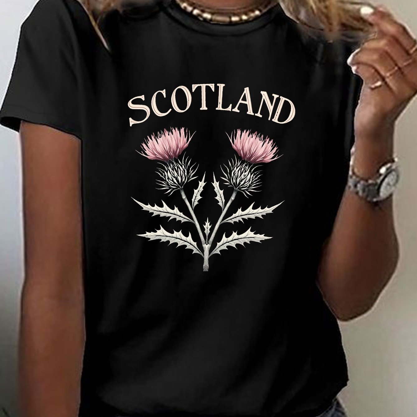 TEMU Scotland Thistle Illustration Print T-shirt, Short Sleeve Crew Neck Casual Top For Summer & Spring, Women's Clothing