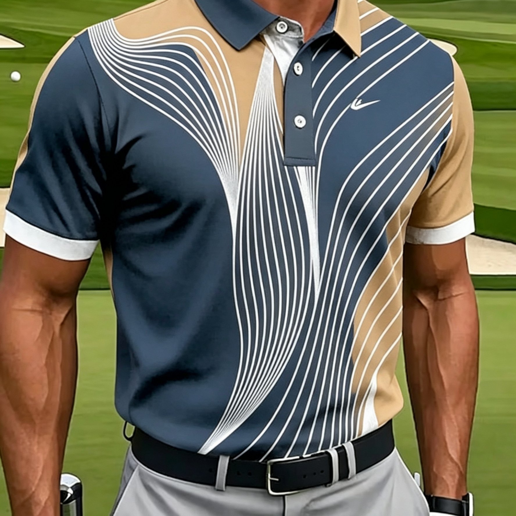 TEMU [print Design-not Textured] Men's Casual Athletic Short Sleeve, Geometric Lines And Golf Pattern Print, Polyester Fabric Machine Washable,