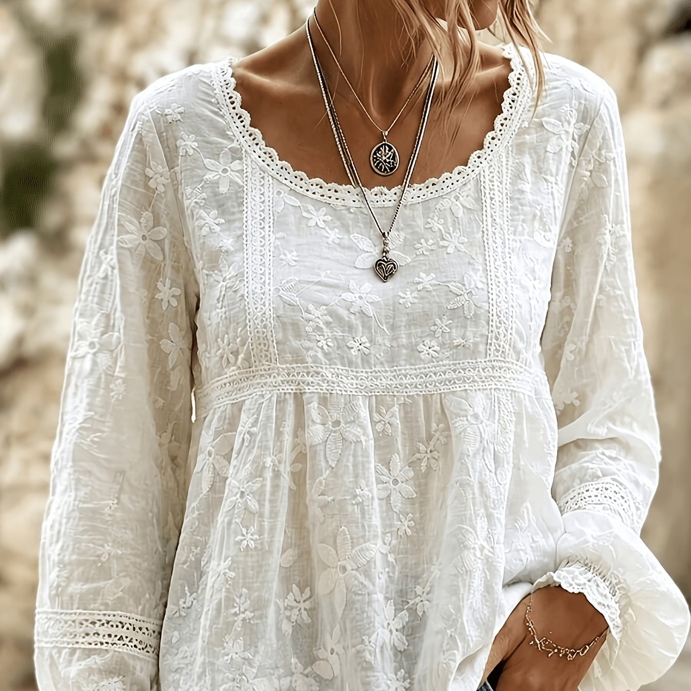 TEMU Plus Size, Square Neck Lace Trim Long Sleeve Plus Size Top, Vintage Floral Embroidery Loose Fit Doll Neck Blouse, Flared Sleeve Hollow-out Thin
