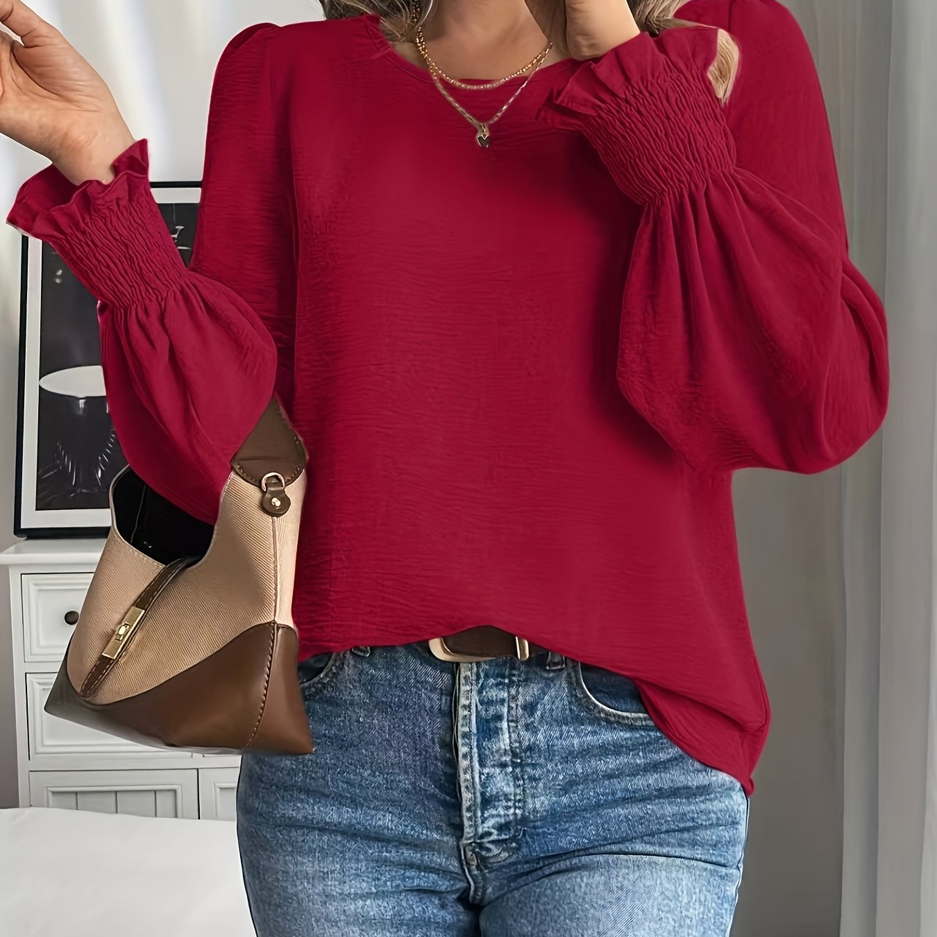 Image of Spring Autumn New Women's Round Neck Textured Top, Puff Ruffle Lantern Sleeve Loose Body-covering Long Sleeve Temperament Shirt