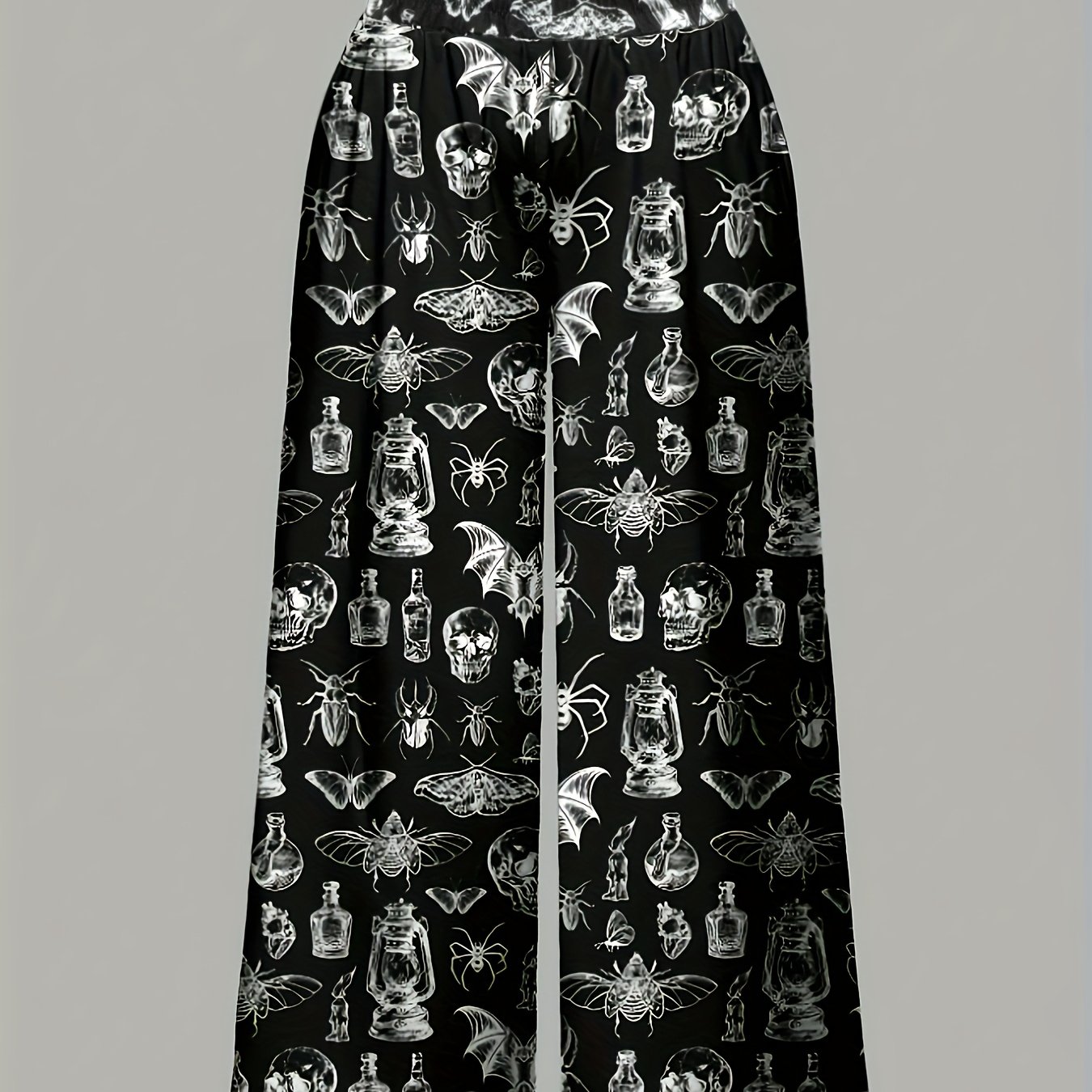 E-shop Plus Size - Plus Size - Plus Size Lässige Halloween-Hosen mit Fledermaus- und Totenkopf-Print, elastischer Bund mit , lange Damenhose