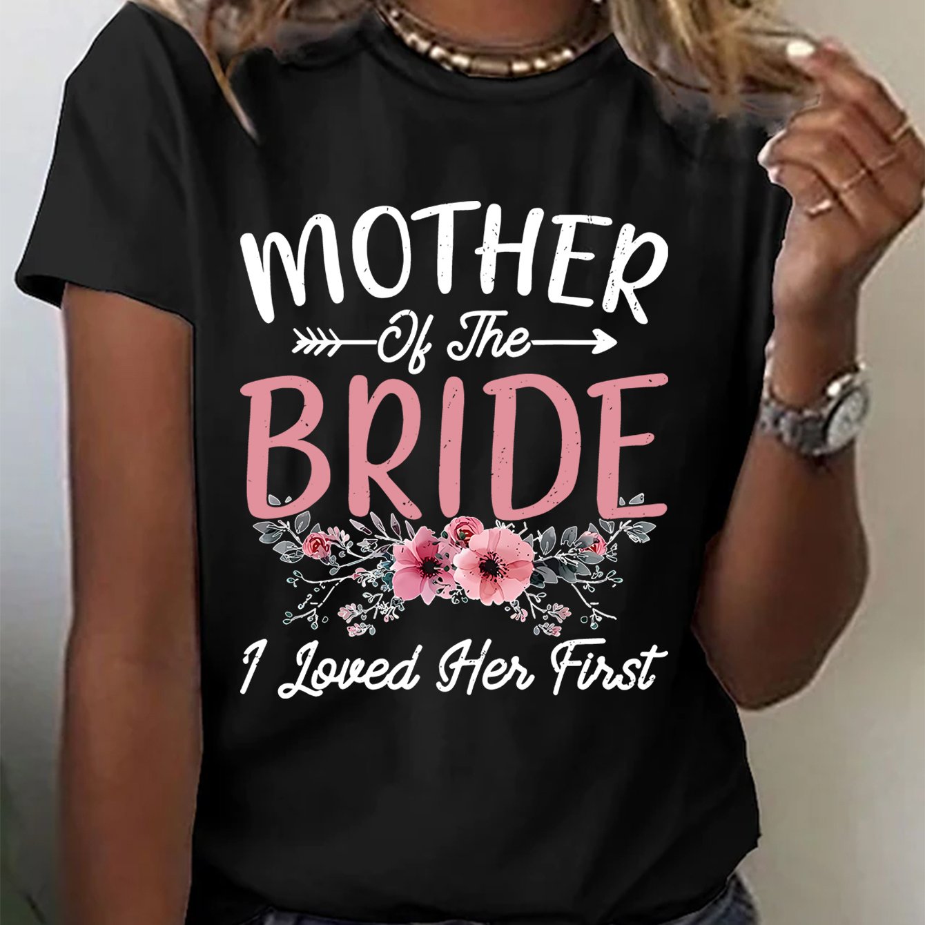 TEMU Women's Mother Bride Letter Print T-shirt - Casual Round Neck Short-sleeve Top Suitable For Weddings & Bridal Parties - Machine Washable Casual