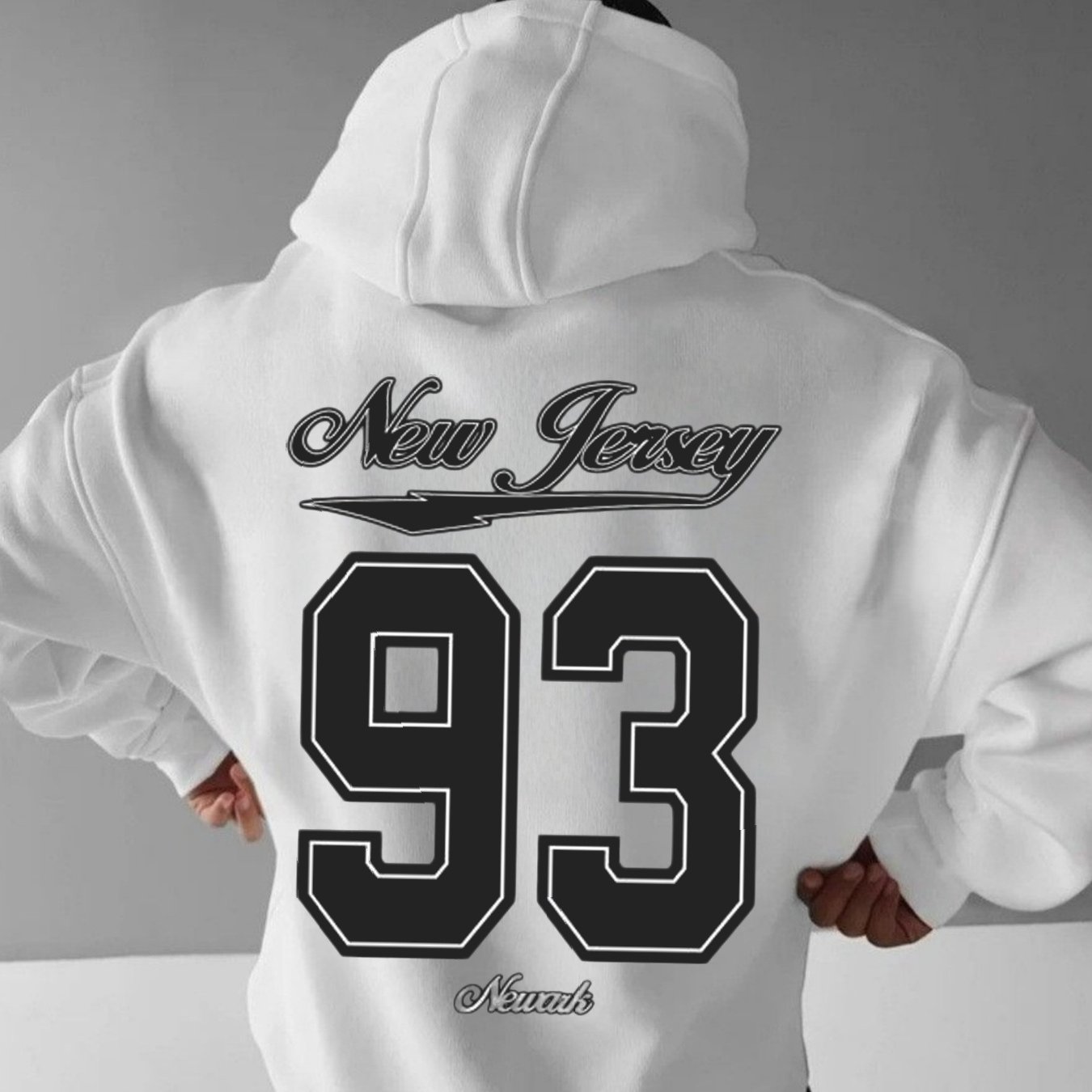 Image of Men's Oversized New Jersey 93 Hoodie - White Retro Number 93 Print, Loose Fit Hooded Pullover For Casual Streetwear, Machine Washable Gift Suitable For Adults And Youth, European Shipment
