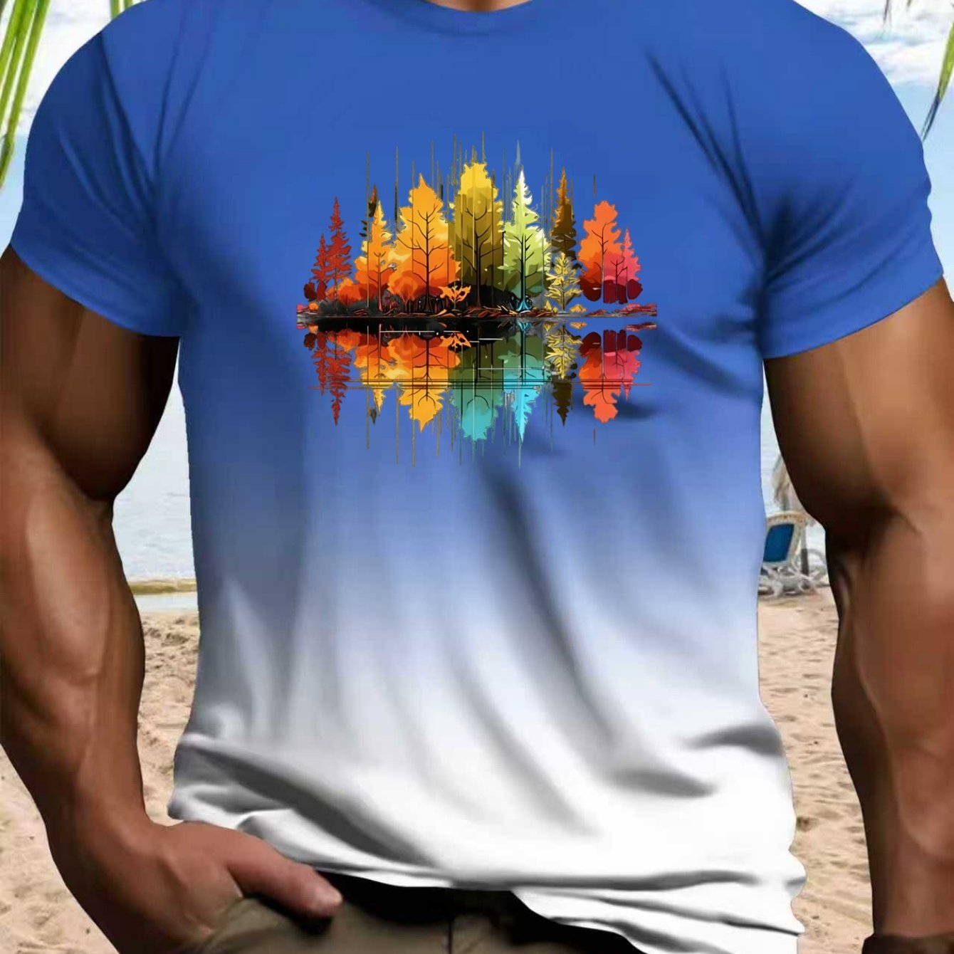 TEMU [print Design-not Textured] 's Short Sleeve T-shirt Autumn Forest Reflection Art Gradient Print Gradient Crew Neck Literary Style Slim Fit Short