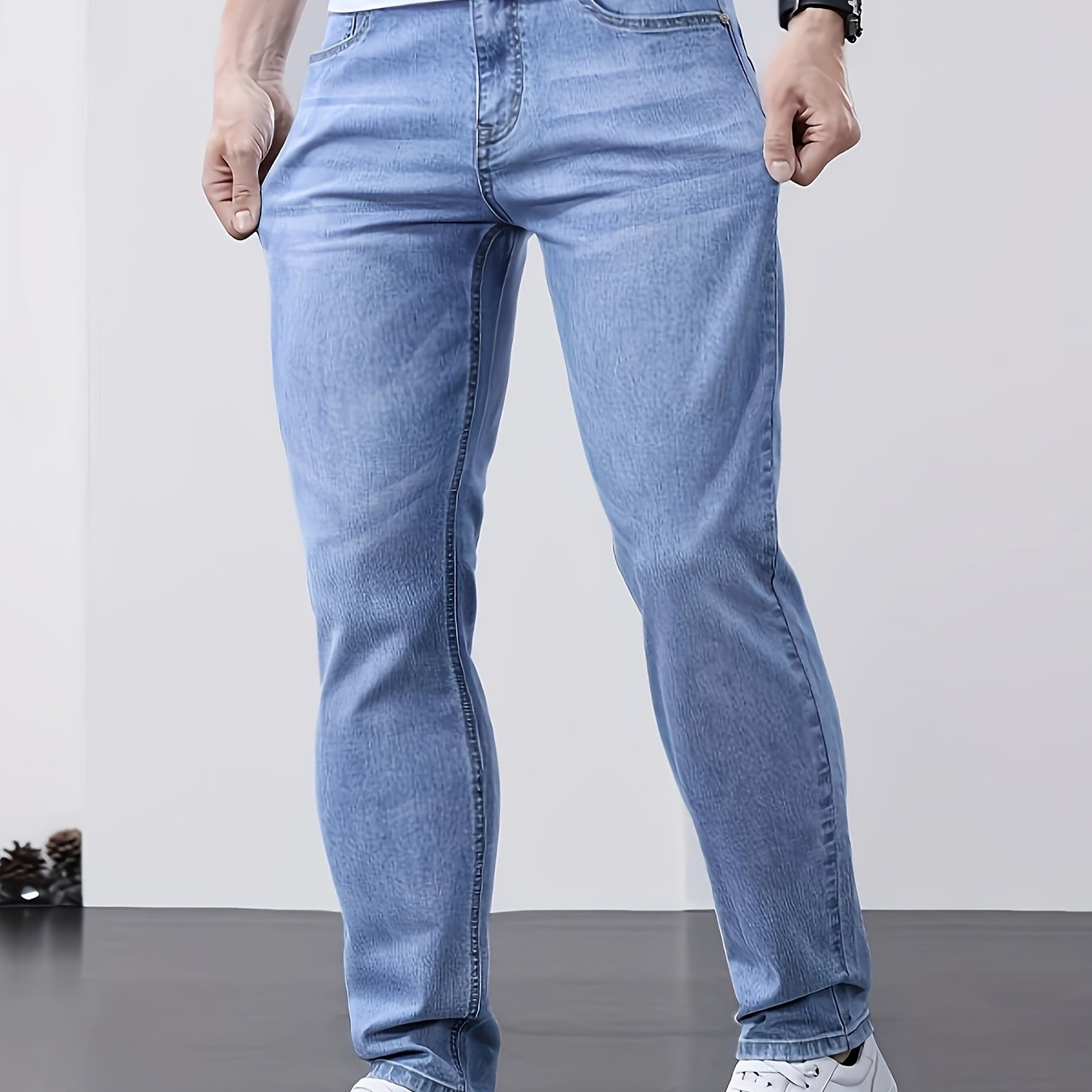 Image of Gray Jeans - Lightweight Stretch Denim, Slim-fit Straight-leg Cut With Pockets, Machine Washable, Suitable For Daily And Outdoor Wear, , Polyester-blend Fabric, Mid-rise Design