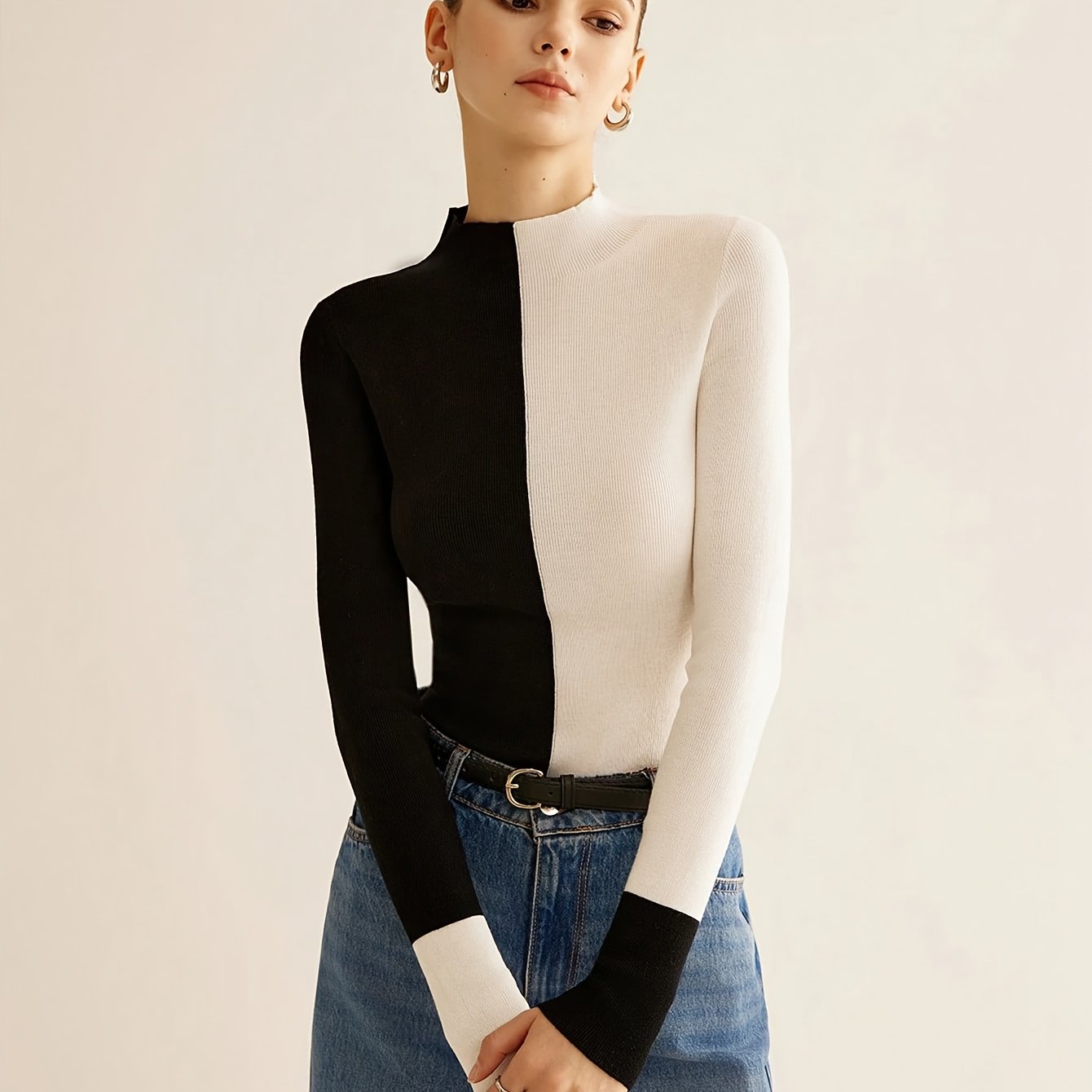 TEMU Women's Elegant Temperament Long-sleeved Round Neck Color-blocking Asymmetrical Top, Slim, Easy, Versatile Pullover Sweater Base Shirt