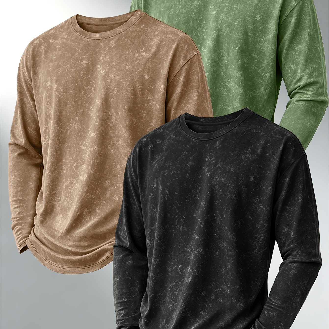 TEMU Obm Three-pc Distressed Long-sleeve T-shirt, Men's Versatile Crew Neck Base Layer Top, Trendy Casual Long-sleeve Inner Wear