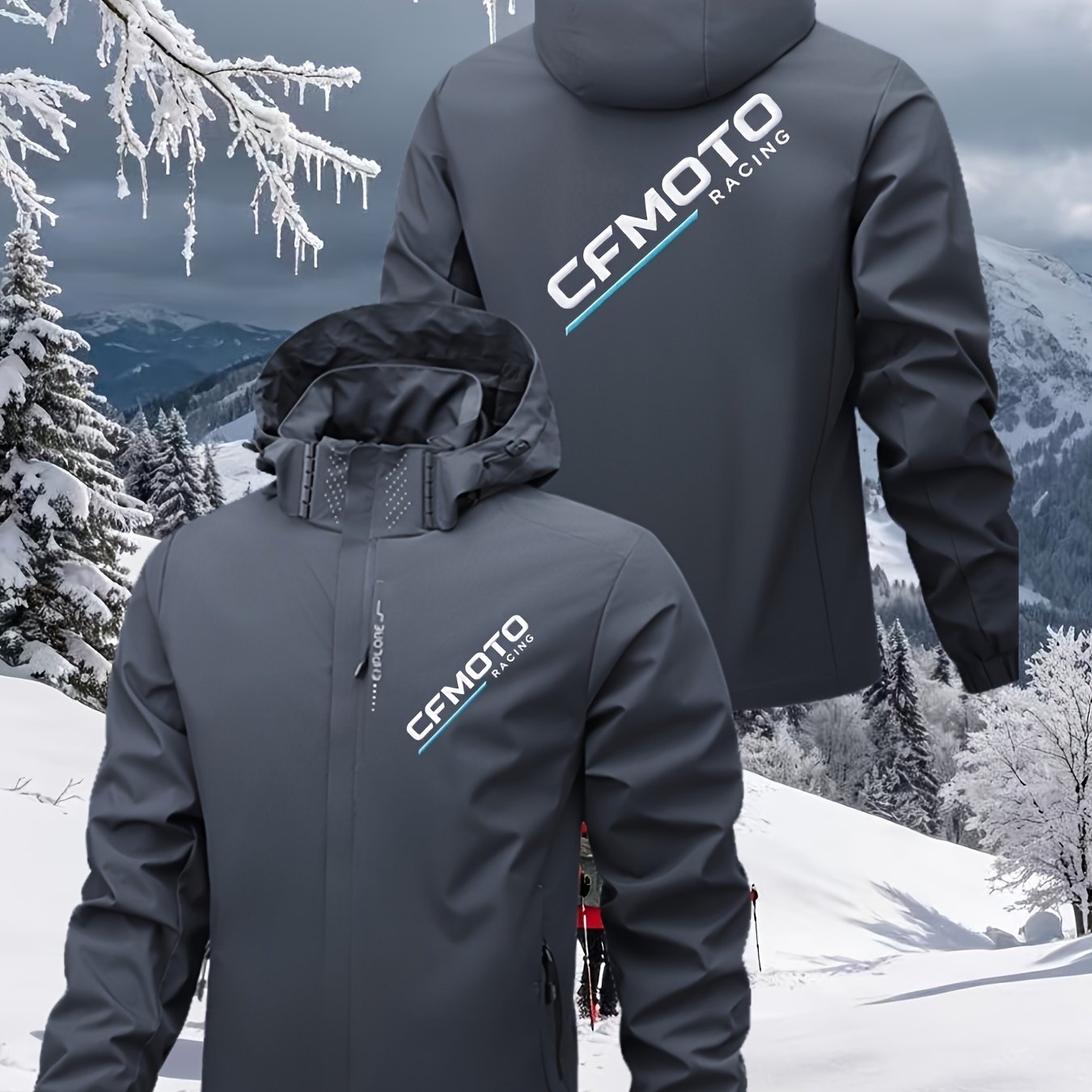 TEMU Men's Hooded Outdoor Jacket, 'cfmotoracing' Print, Sports Functionality, Suitable For Motorcycle Riding And Daily Wear. Sports Windbreaker,