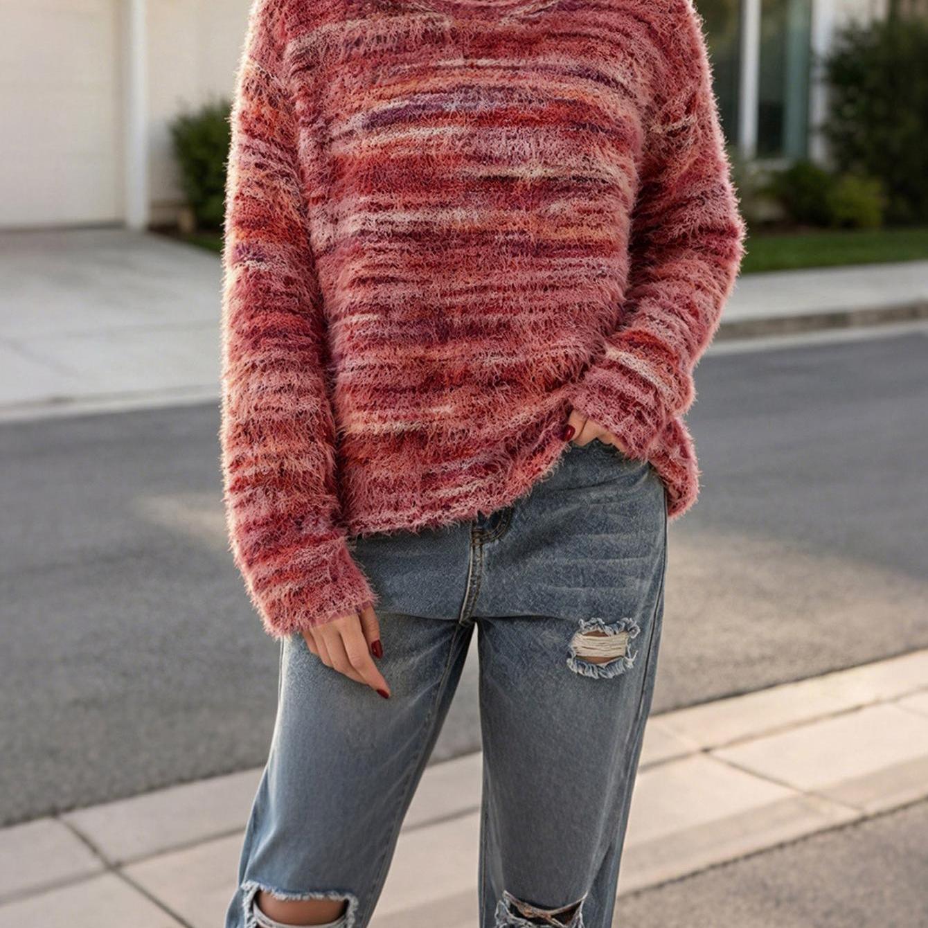 Image of Women's Sweater Striped Long Sleeve Shirts Casual Crew Neck Fuzzy Pullover Tops For Autumn And Winter, Versatile And Warm Wear