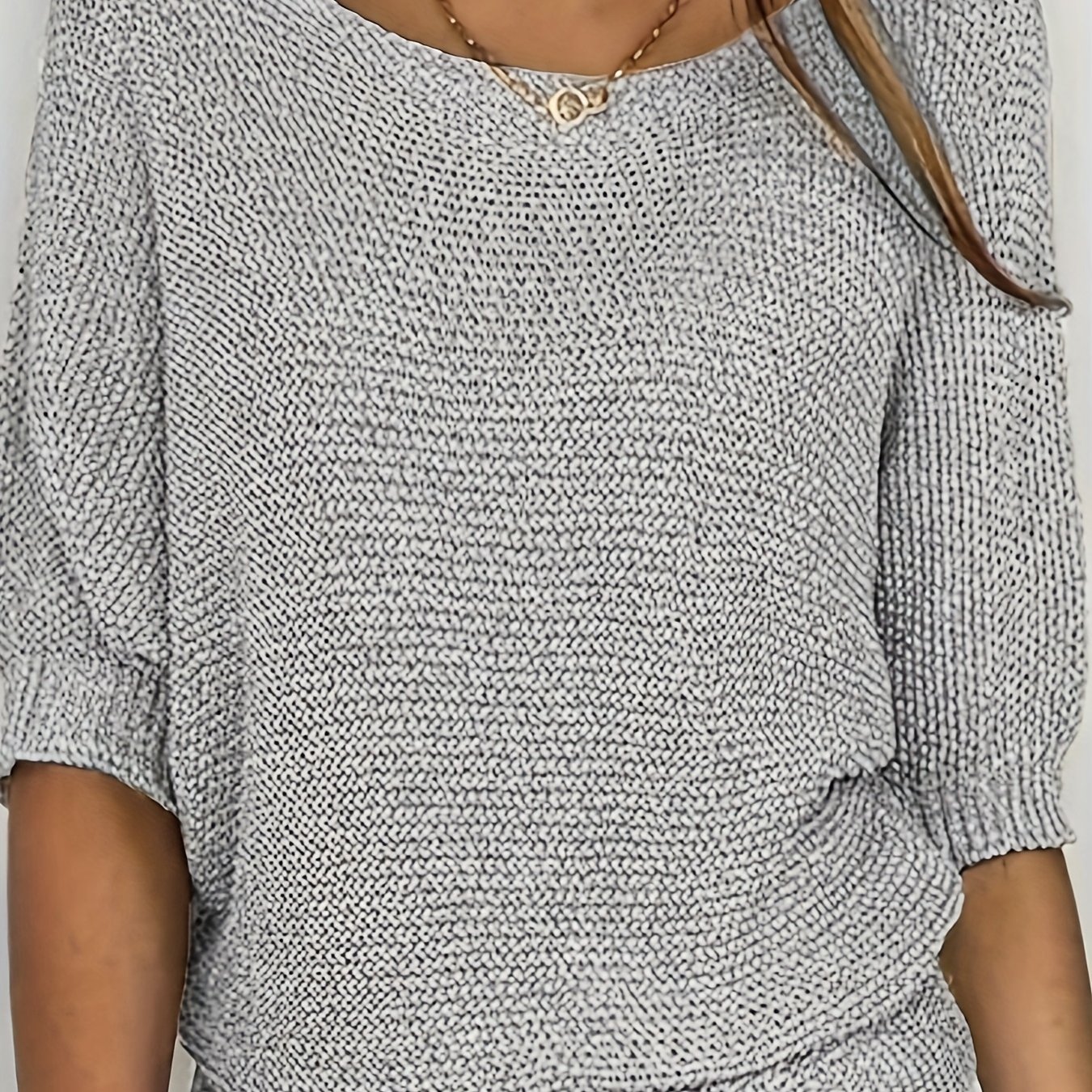 Plus Size, Plus-size Solid Color Round Neck Five-quarter Sleeve Casual Pullover Sweater