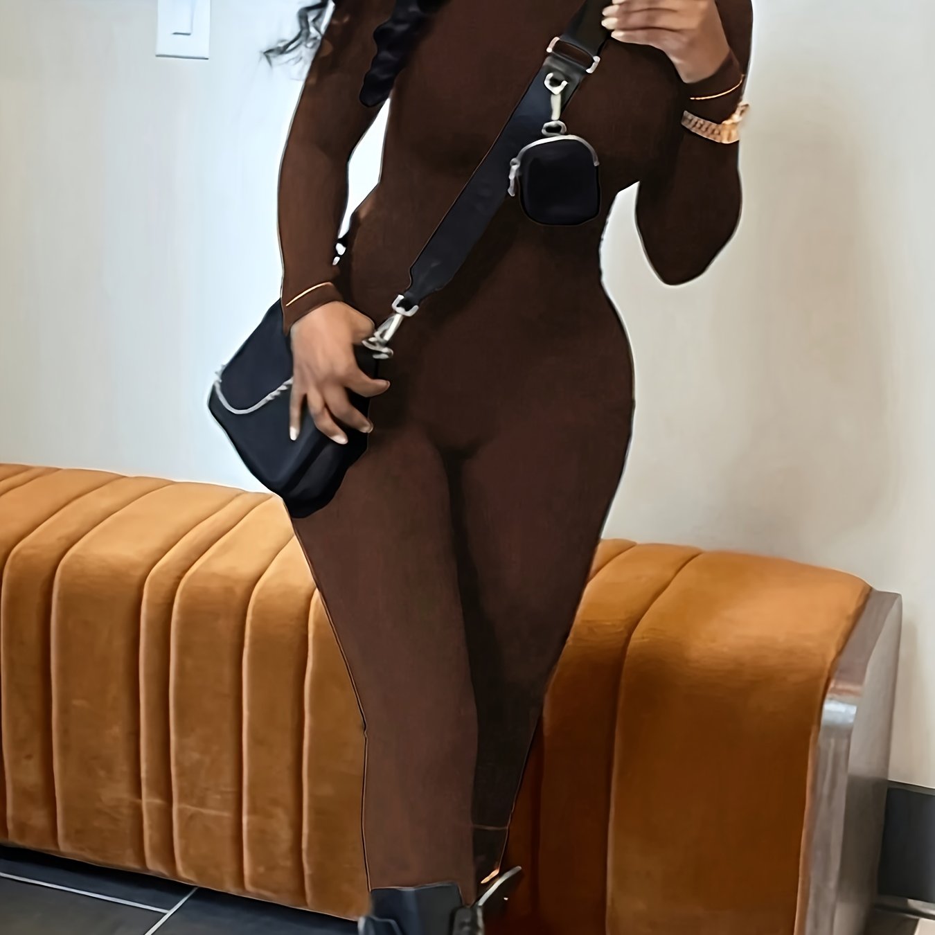 TEMU Women' Color Long-sleeved Casual T-shirt And Matching Tight Jumpsuit, Autumn