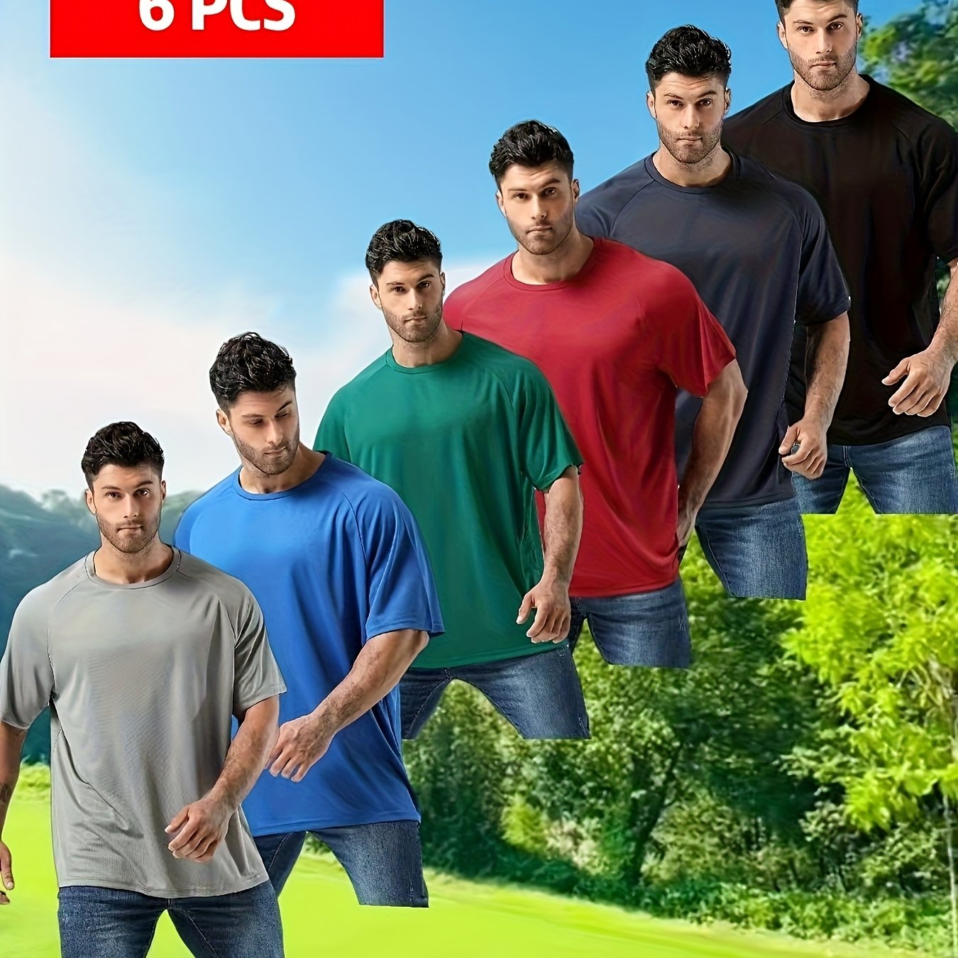 6pcs Plus Size Men's Athletic Casual Moisture-wicking Breathable Comfortable Short Sleeve Round Neck T-shirts