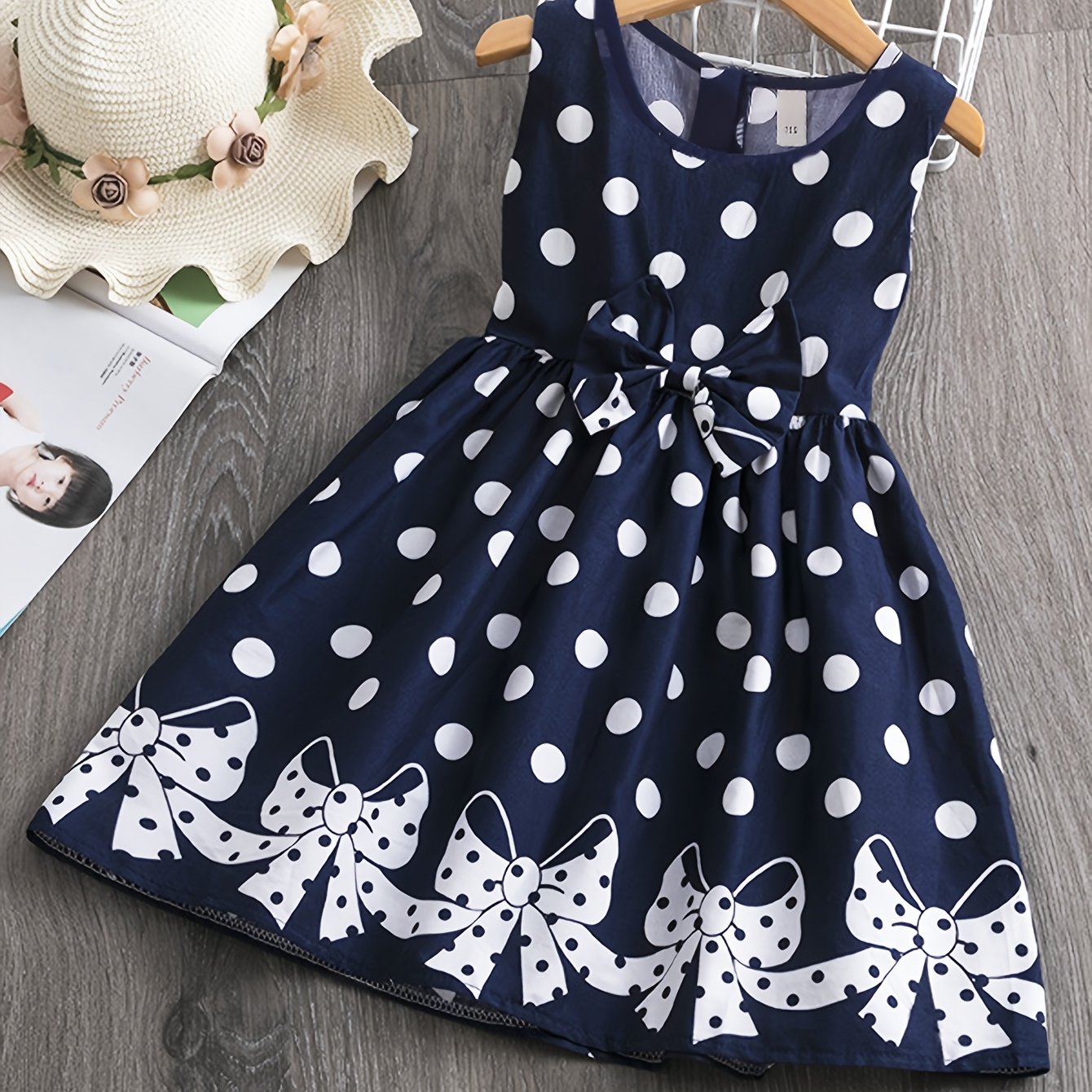 Image of Seasonal Girls' Dress, Princess Dress With Polka Dot And Bow, Sleeveless Dress