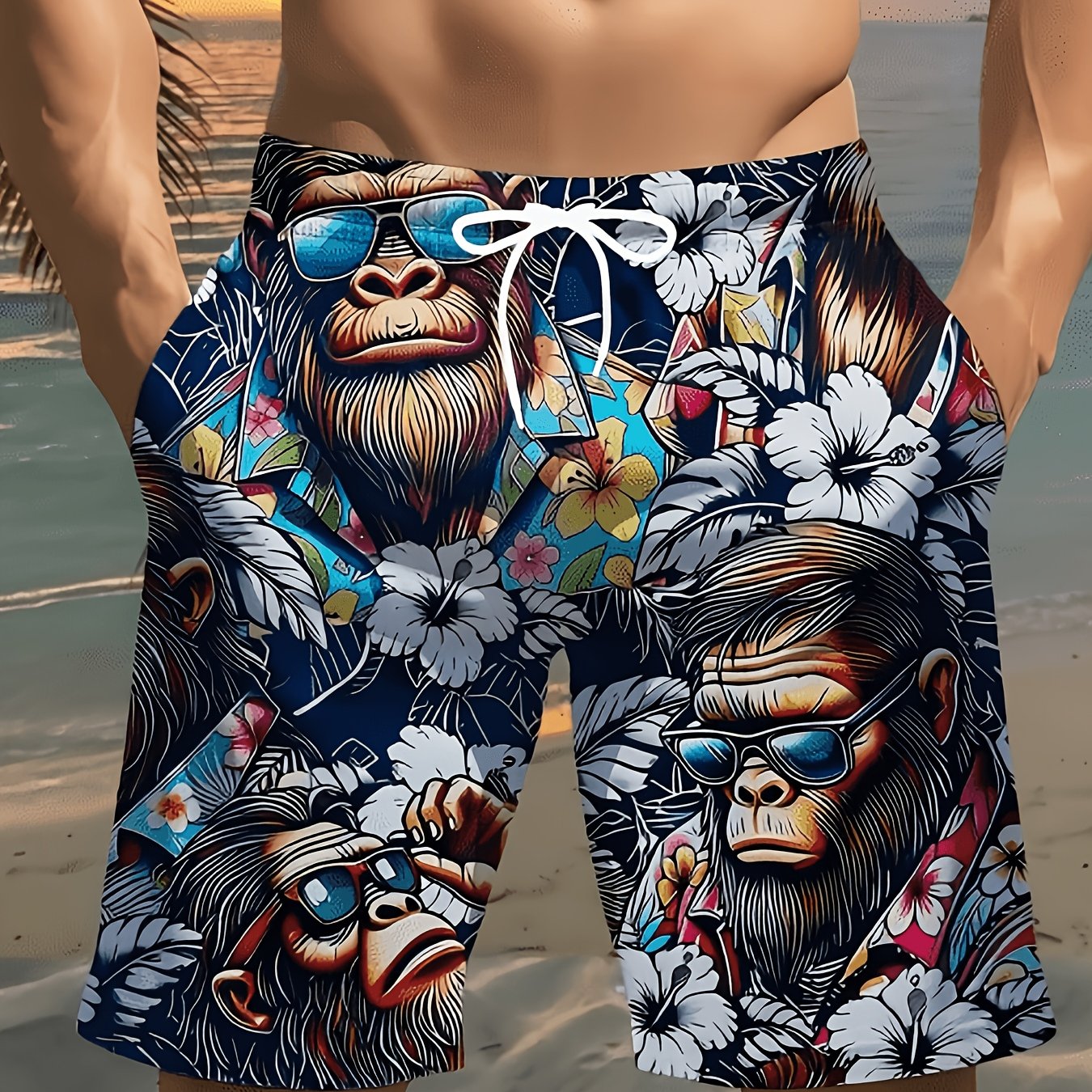 TEMU Men's Fashionable 3d Printed Casual Sports Swim Beach Shorts, Waistband Design, Suitable For Beach Vacations, Surfing, And Everyday Casual