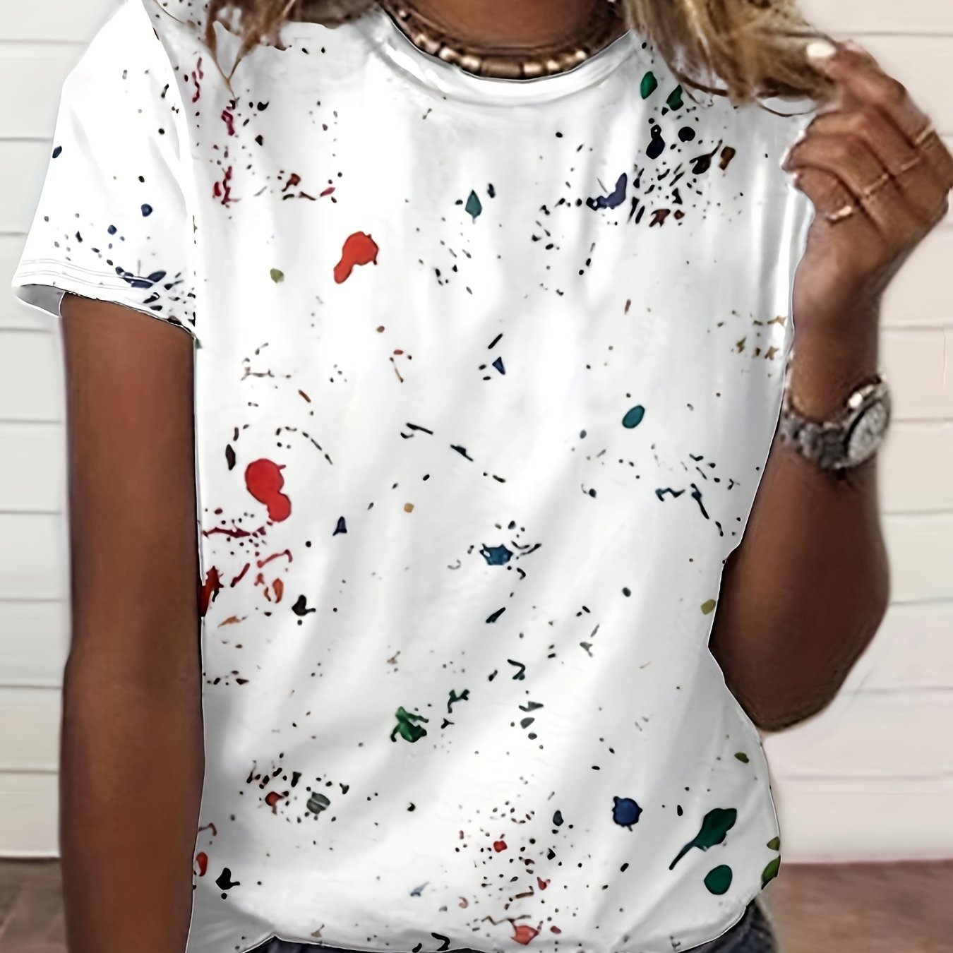 Image of Women's Summer Casual Short Sleeve T-shirt - Artistic Splatter Print Round Neck Top, Fit, Machine Washable For Casual Attire, Cute T Shirts, Relaxed , , , Printed Tee