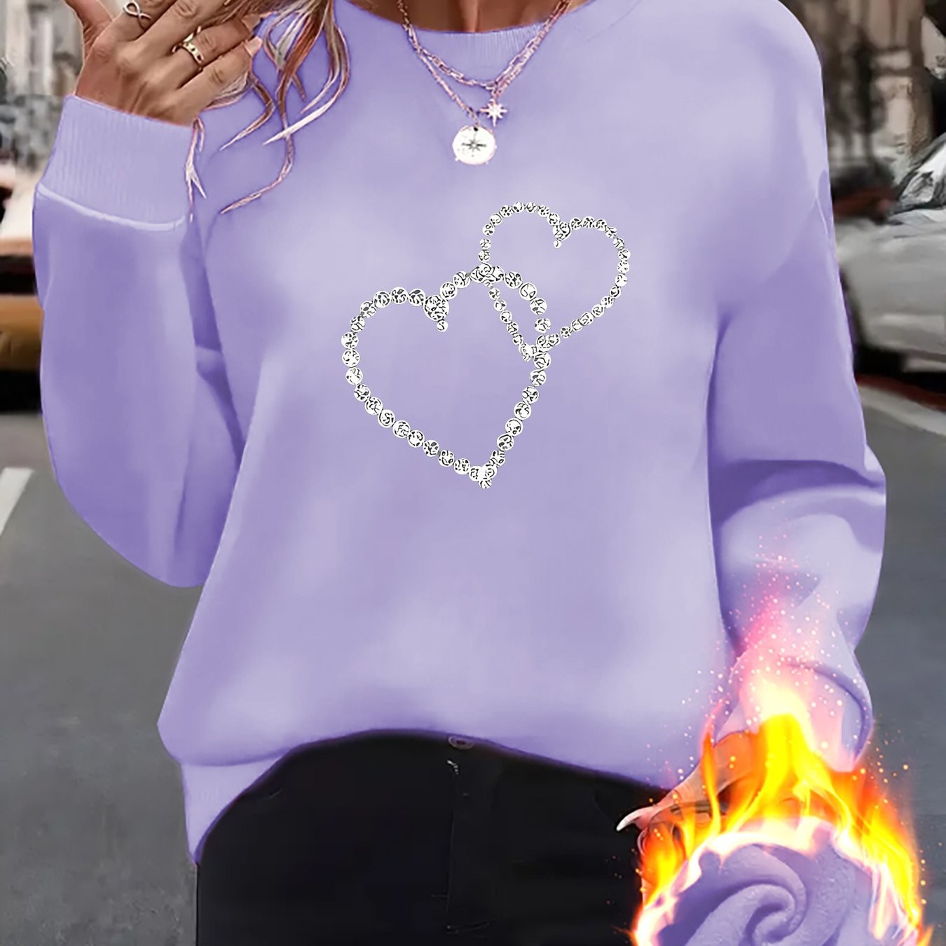 TEMU Sparkling Romantic Diamond Print Long Sleeve Sweatshirt Casual Round Neck Sports Pullover Top, , Street Style Loose Fit, Casual Attire For Daily