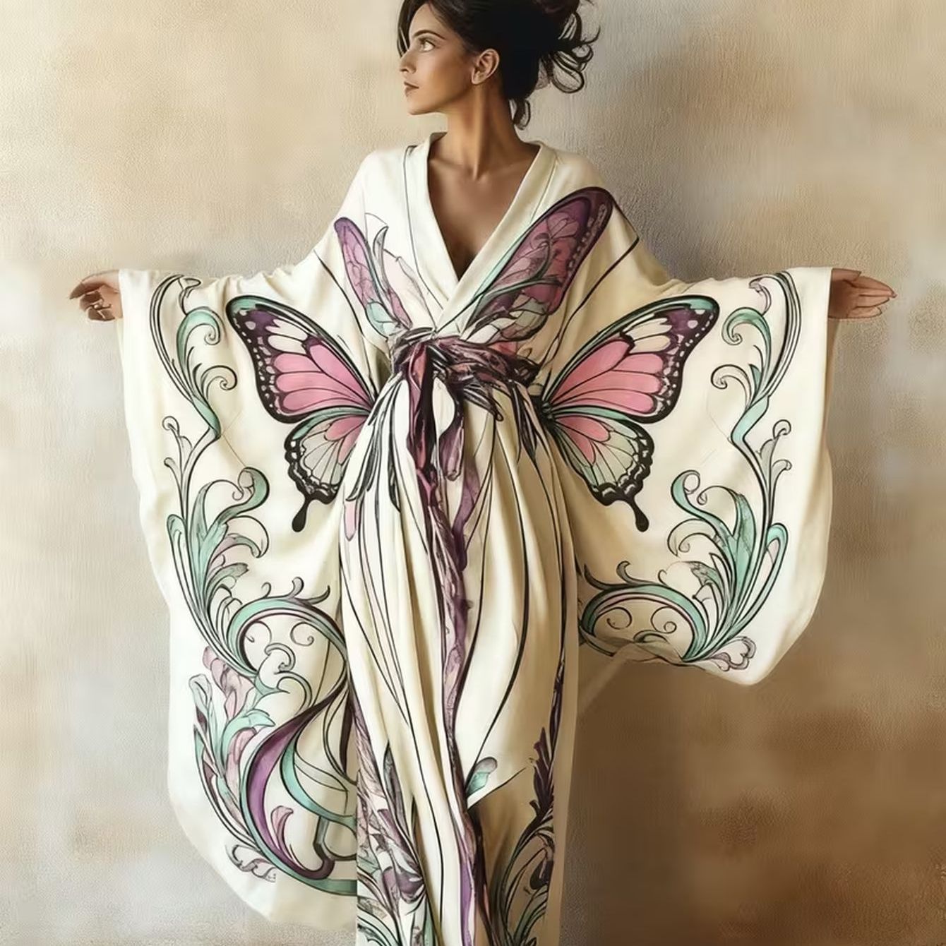 Image of Women's Printed Long Kimono Cardigan Dress, With Tie-waist, Loose Fit, Large Hem, Suitable For Vacation And, Worn As An Outer Garment Or As A