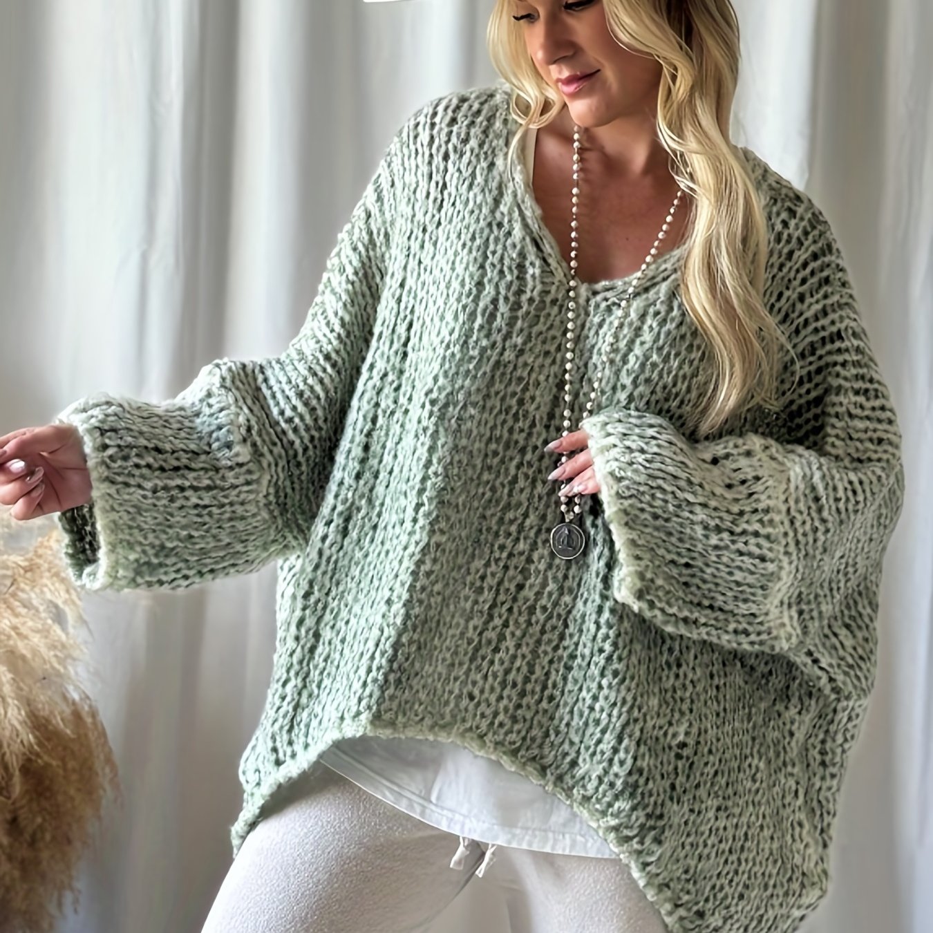 Plus Size, Women's Plus Size Oversized V-neck Sweater - Winter Warm Solid Color Pullover, Elegant Casual Loose Fit Sweaters For Fall/winter Layering, Hand Washable Cozy Blouse