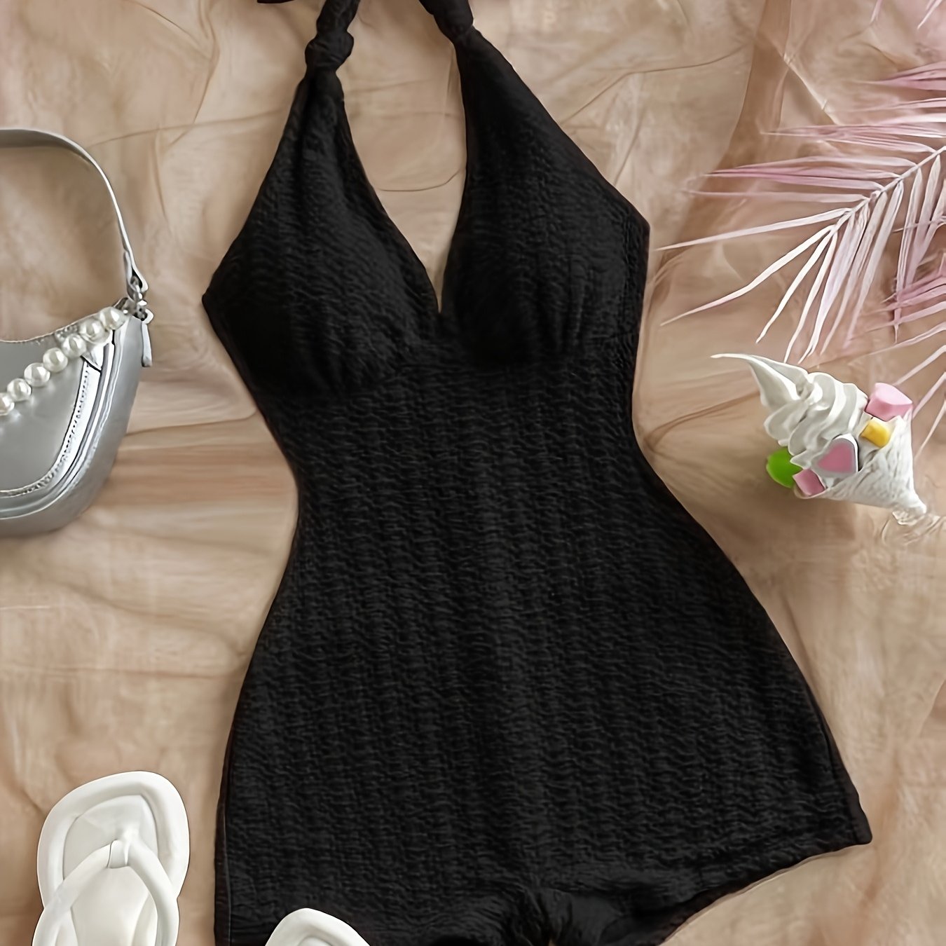 TEMU Black Halter Neck 1pc Swimsuit With Adjustable Side Ties - V-neck Semi-sheer, Details And Stretch, Machine Washable, Suitable For Beach, Pool,