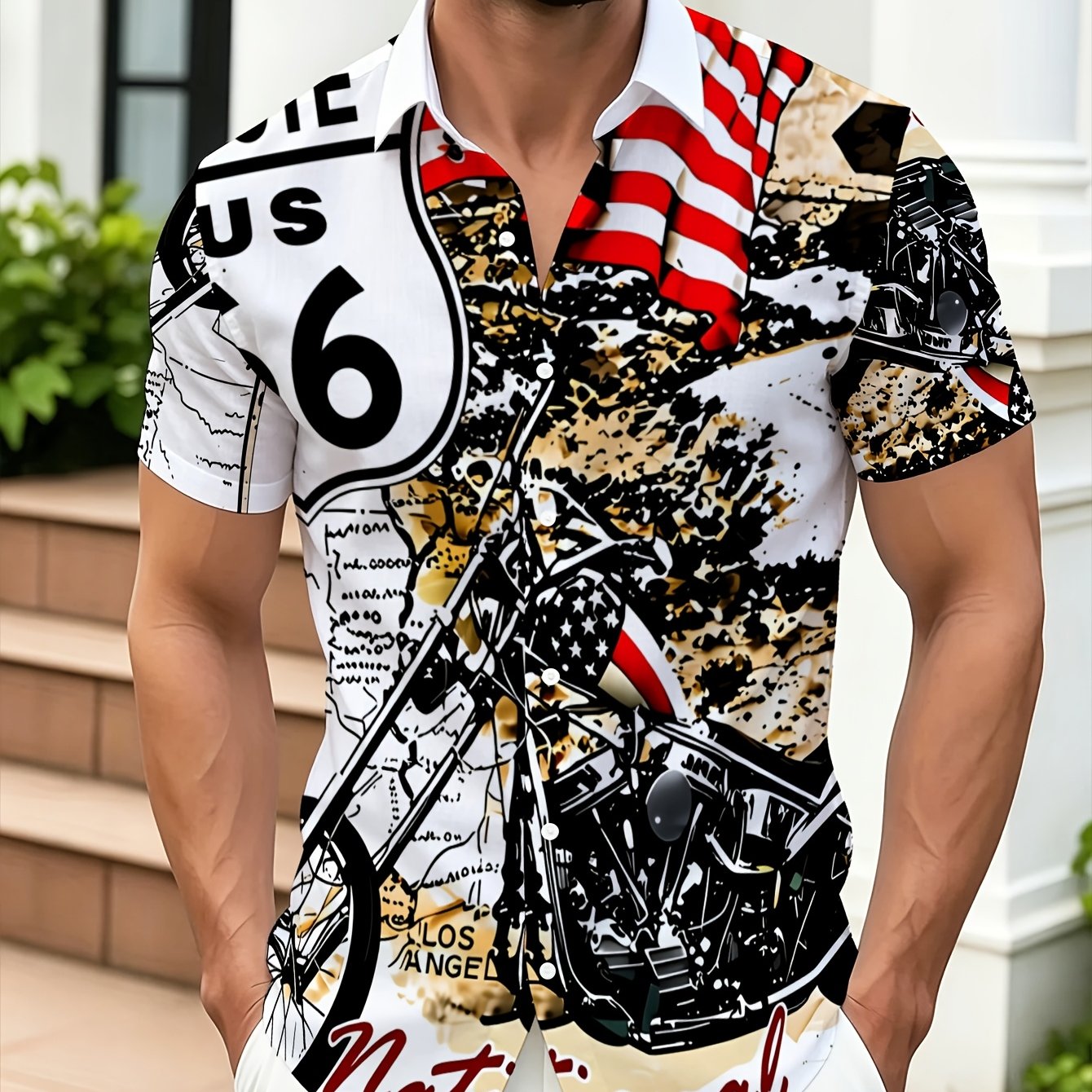 TEMU Men's Casual Short Sleeve Beach Shirt Route 66 Vintage Poster American Flag And Motorcycle Breathable Short Sleeve Hawaiian Shirt Suitable For