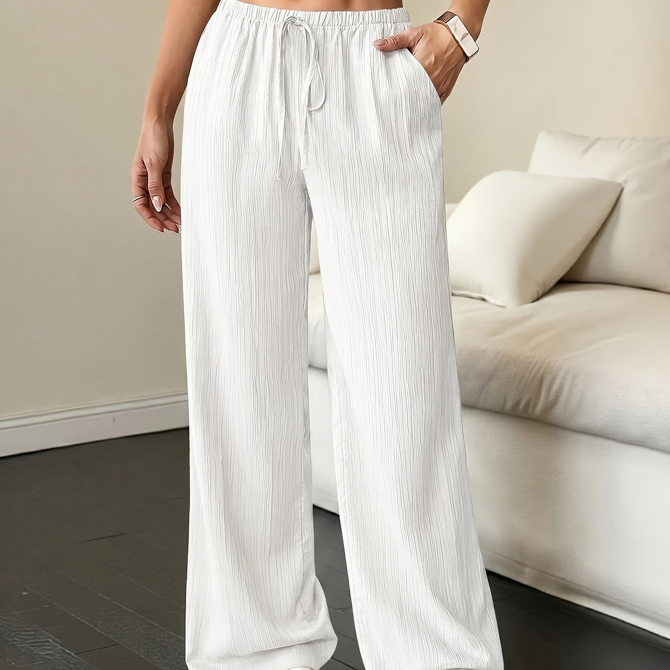 TEMU Women's Wide-leg Pants With Elastic Drawstring & Pockets - Solid Color Loose-fit Trousers Suitable For Daily Wear, Home, Vacation,, Machine
