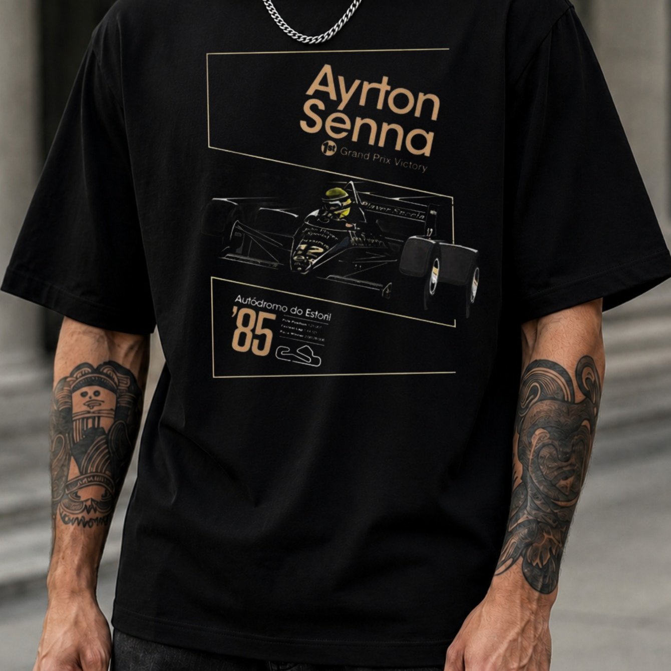 Men's T-shirt A- Black Grand T-shirt With Poster And Circuit And Golden Vintage