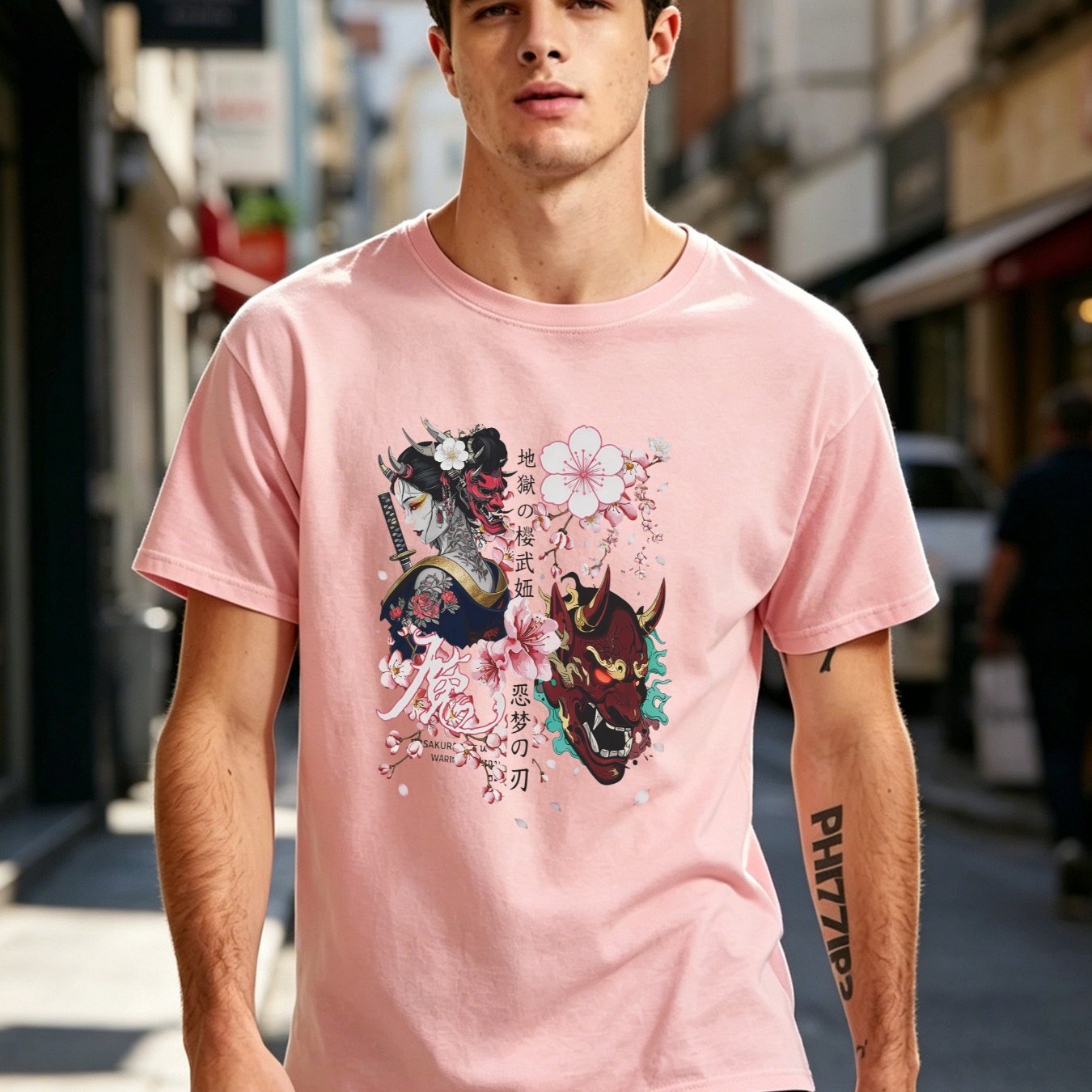 Men's Crew-neck Short-sleeve T-shirt In Black - Japanese Cherry And Graphic, Casual Loose Fit, Breathable Fabric, Perfect For Spring Or Travel