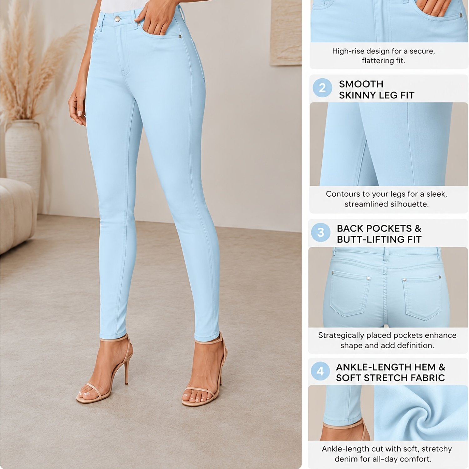 TEMU Women High Waist Blue Skinny Jeans Stretch Slim Fit Colored Denim Pants 5 Pockets Casual Daily Trousers