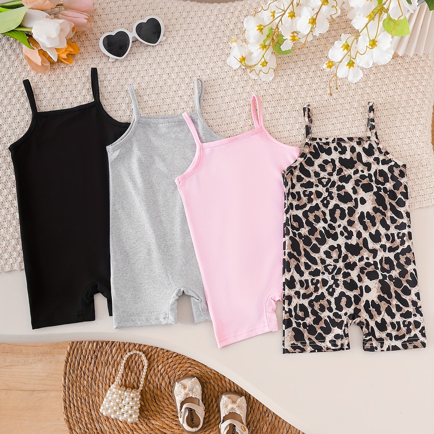Image of Baby Girls 4pcs Casual Knit Solid And Leopard Print Camisole Rompers, For Outdoor