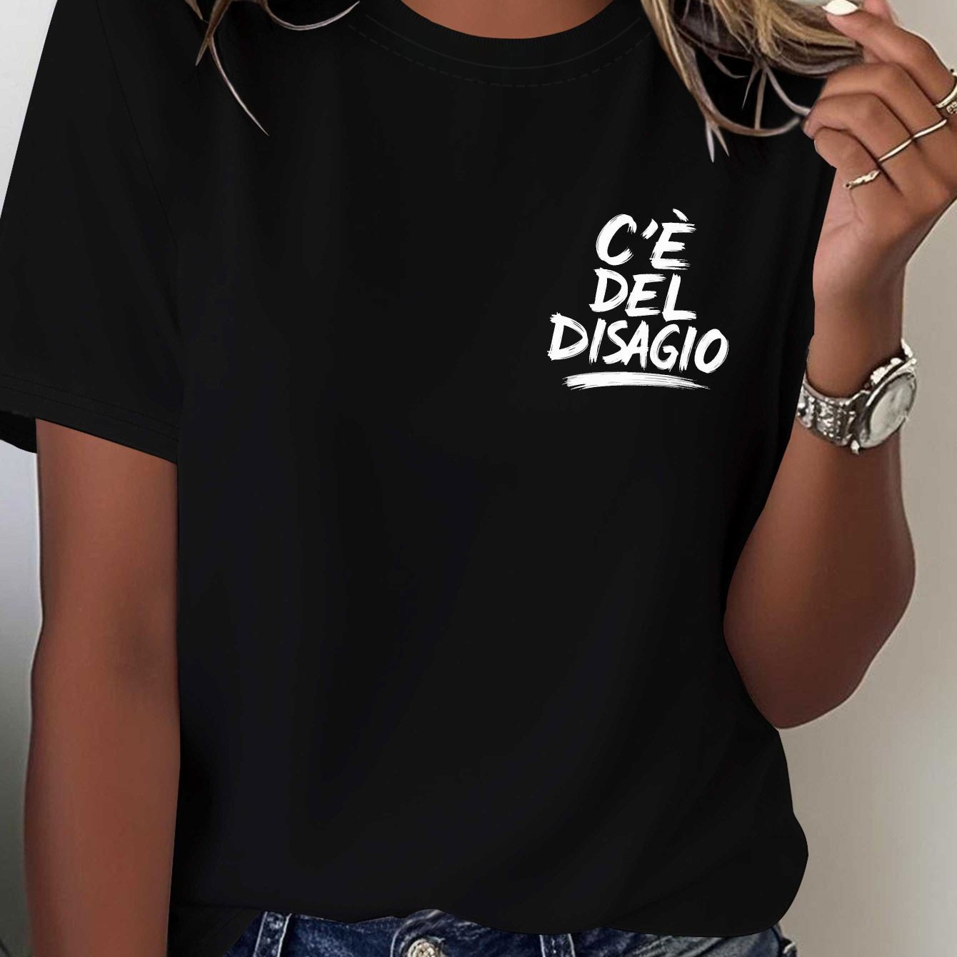 TEMU Women's Italian T-shirt "'è Del Disagio" Suitable For Spring/summer Short Sleeve Crew Neck Blouse-compatible Top | Italian Lettering Casual