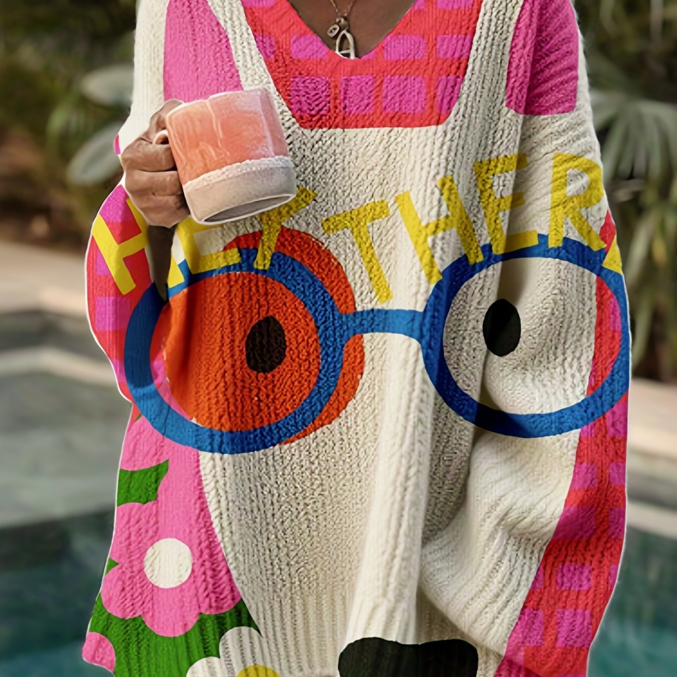 TEMU Plus Size, Size Cute Pup With Glasses Sweater - V-neck Pullover Loose Fit Winter Sweaters For Large, Sweater For Fall & Winter Outfits, Machine