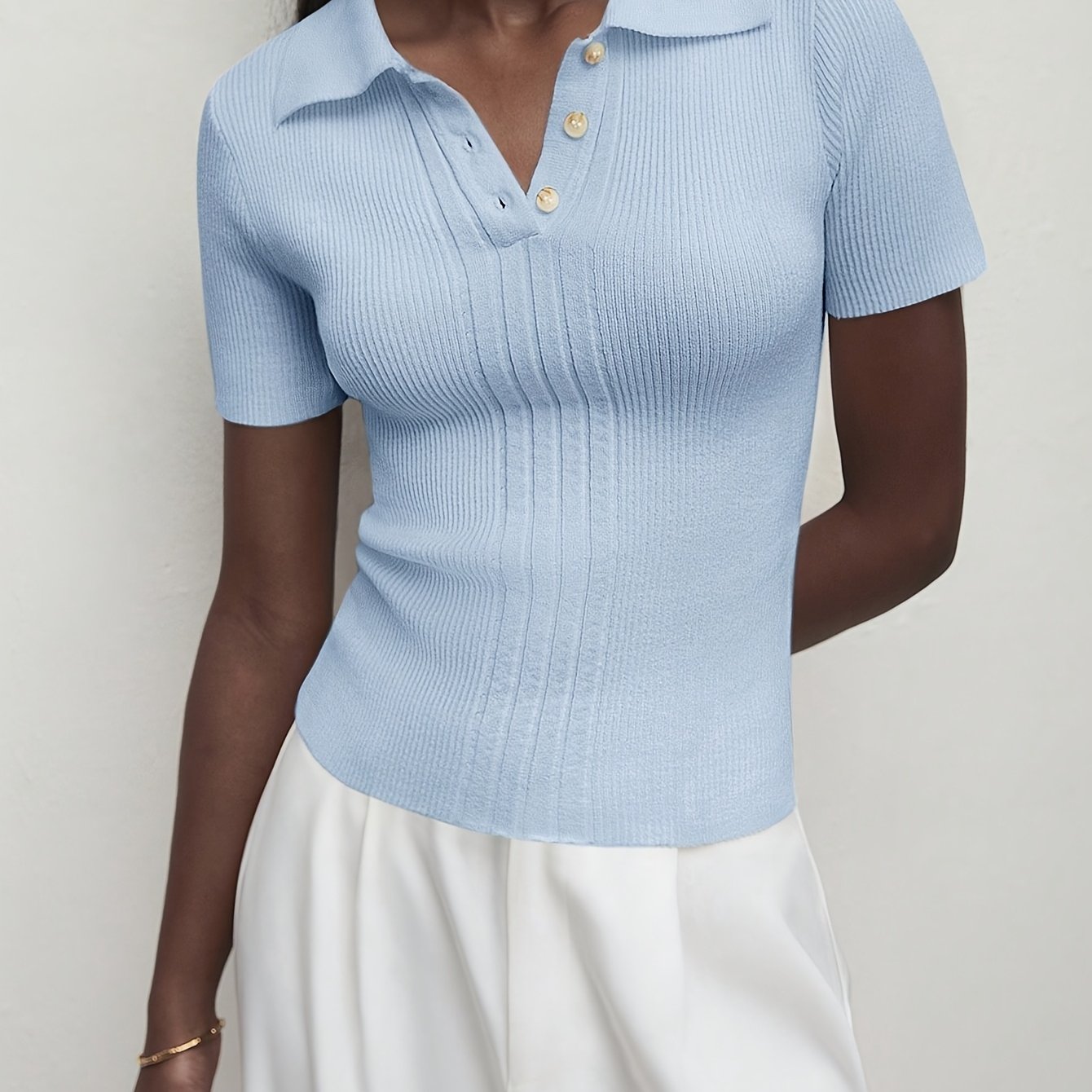 TEMU Women's Elegant Stand Collar Half-button Short Sleeve Sweater, Suitable For Urban , Business, And Casual Wear