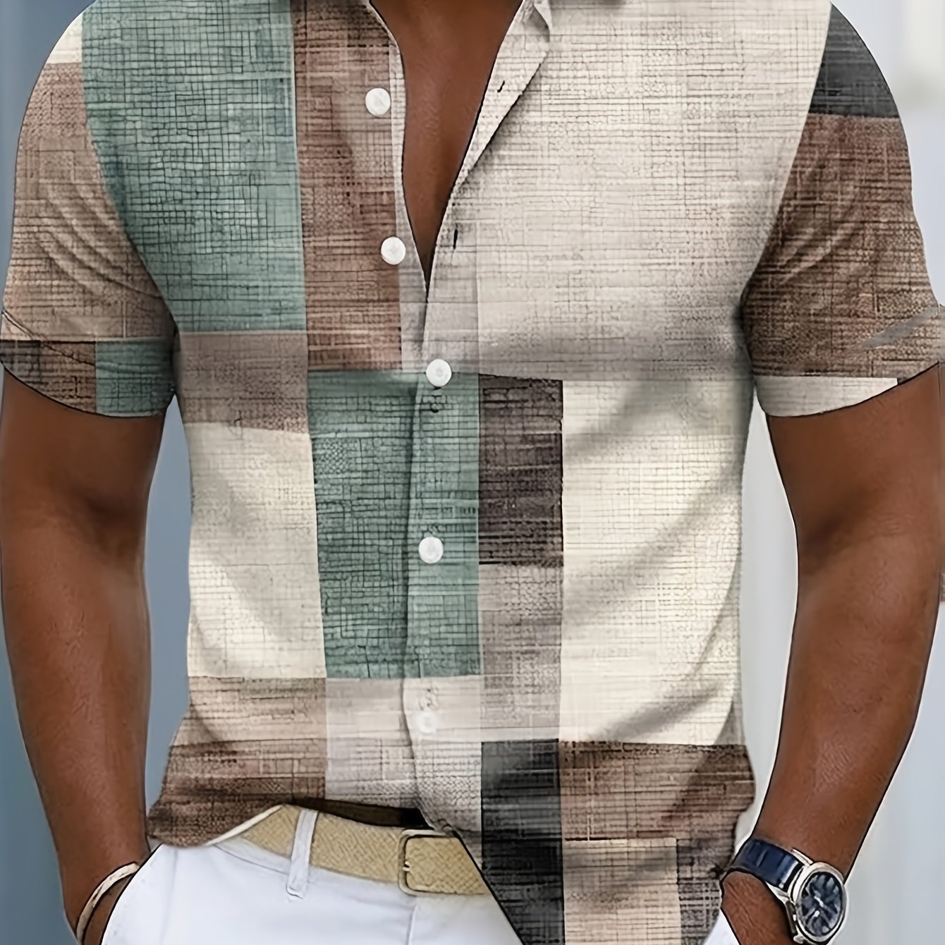 TEMU [printed Design Not Textured] Japanese-style Retro Color-block Plaid Short-sleeve Men's Shirt, Loose Without Tightness, Versatile For Casual